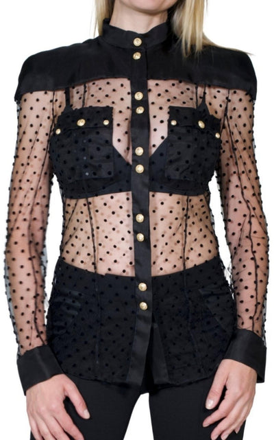 Balmain Long Sleeve Black Polka Dot Silk Shirt with Gold Buttons - Runway Catalog