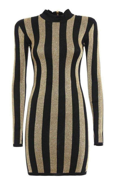 Balmain Lurex Gold Black Striped Pattern Mini Dress - Runway Catalog