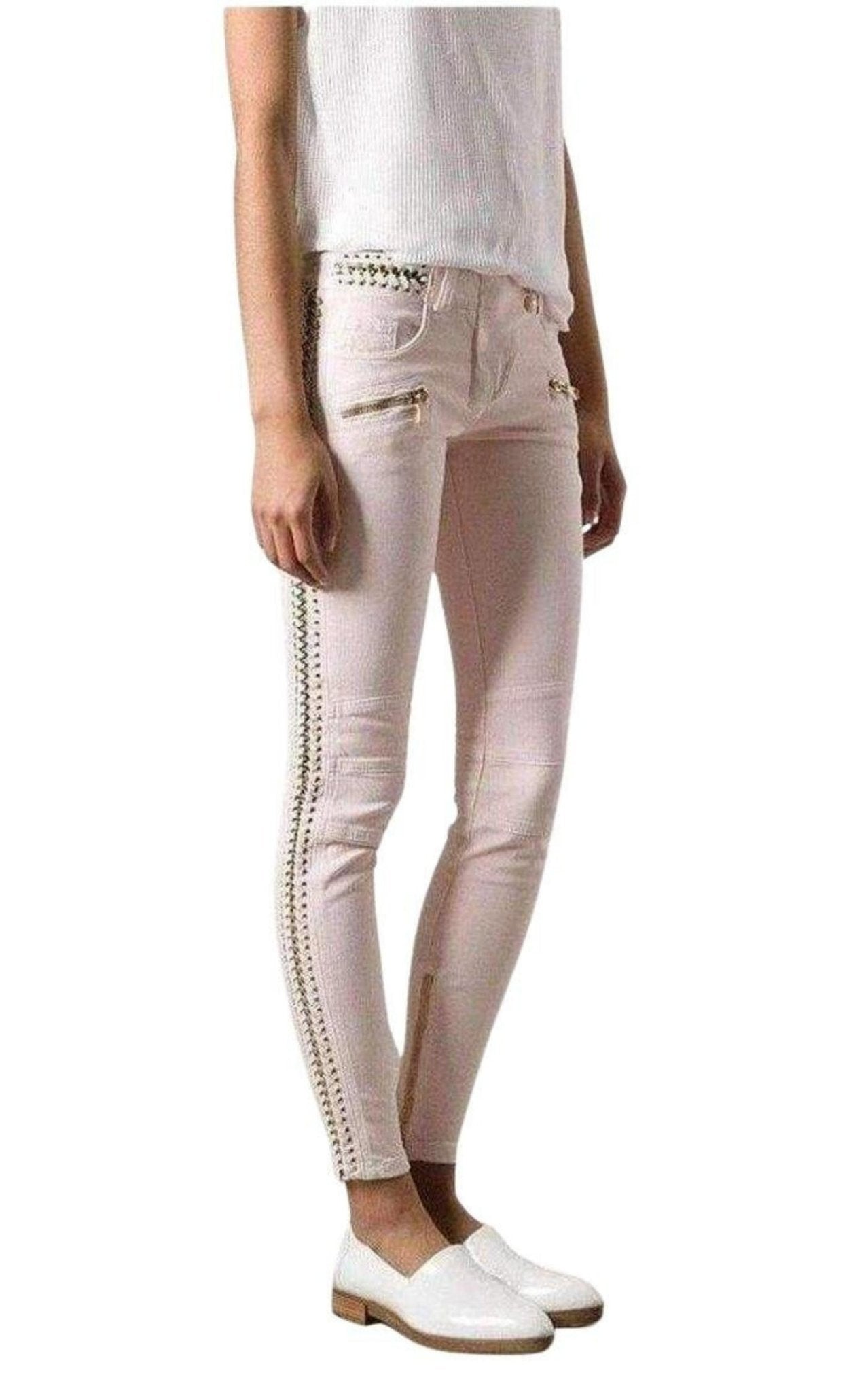 Balmain Rose Pink Low - Rise Lace & Chain Biker Jeans - Runway Catalog