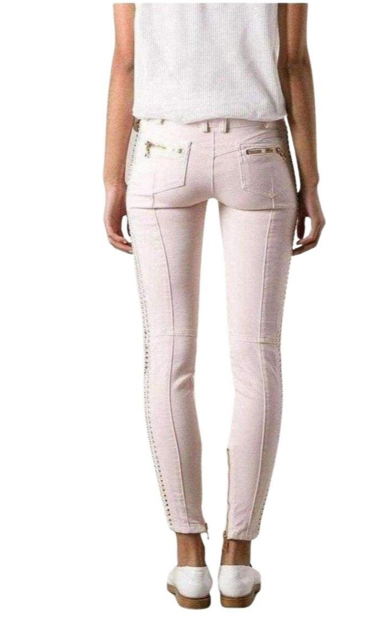 Balmain Rose Pink Low - Rise Lace & Chain Biker Jeans - Runway Catalog