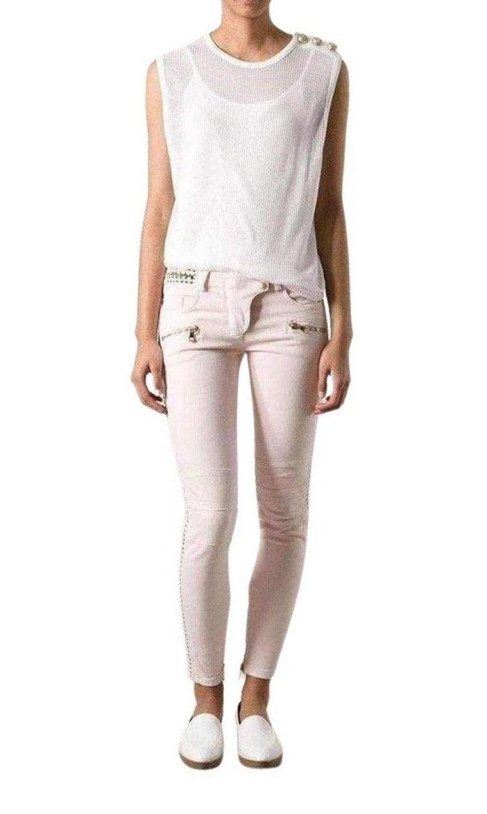 Balmain Rose Pink Low - Rise Lace & Chain Biker Jeans - Runway Catalog