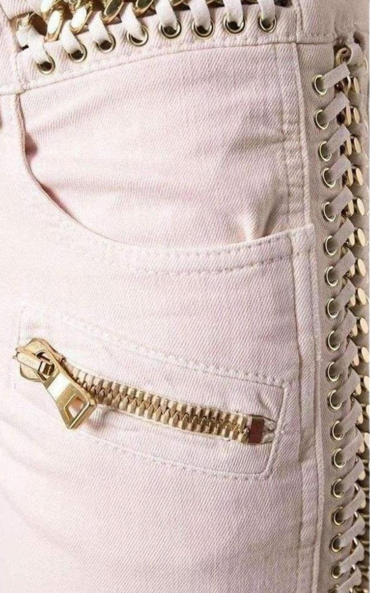 Balmain Rose Pink Low - Rise Lace & Chain Biker Jeans - Runway Catalog