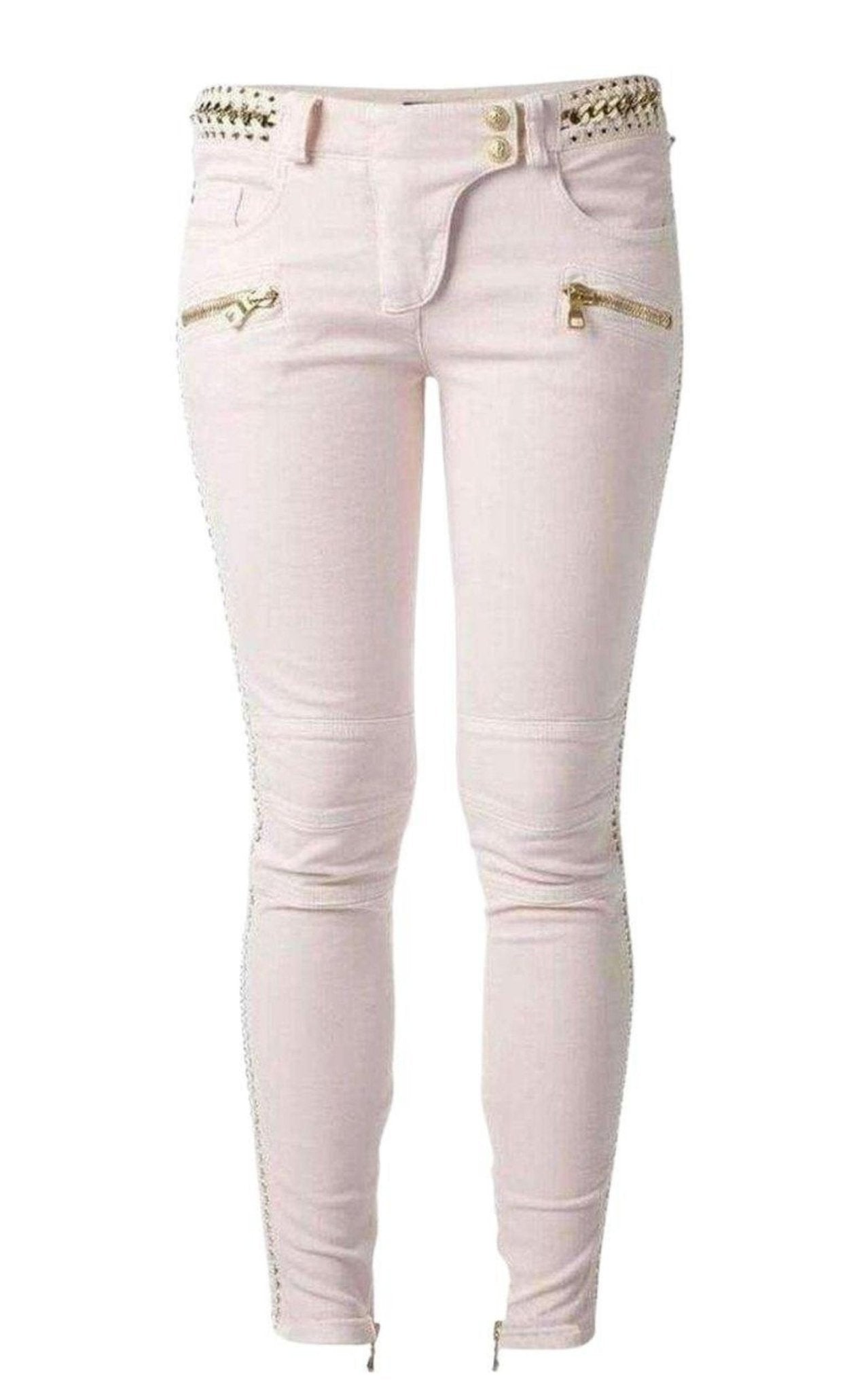Balmain Rose Pink Low - Rise Lace & Chain Biker Jeans - Runway Catalog
