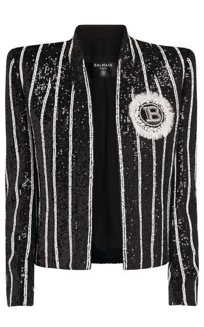 Balmain Sequinned Black White Striped Spencer Jacket - Runway Catalog