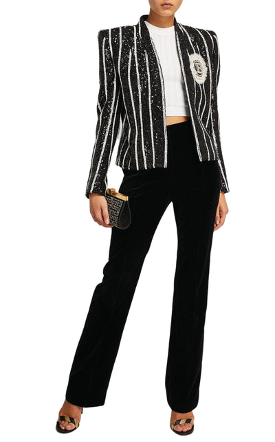 Balmain Sequinned Black White Striped Spencer Jacket - Runway Catalog