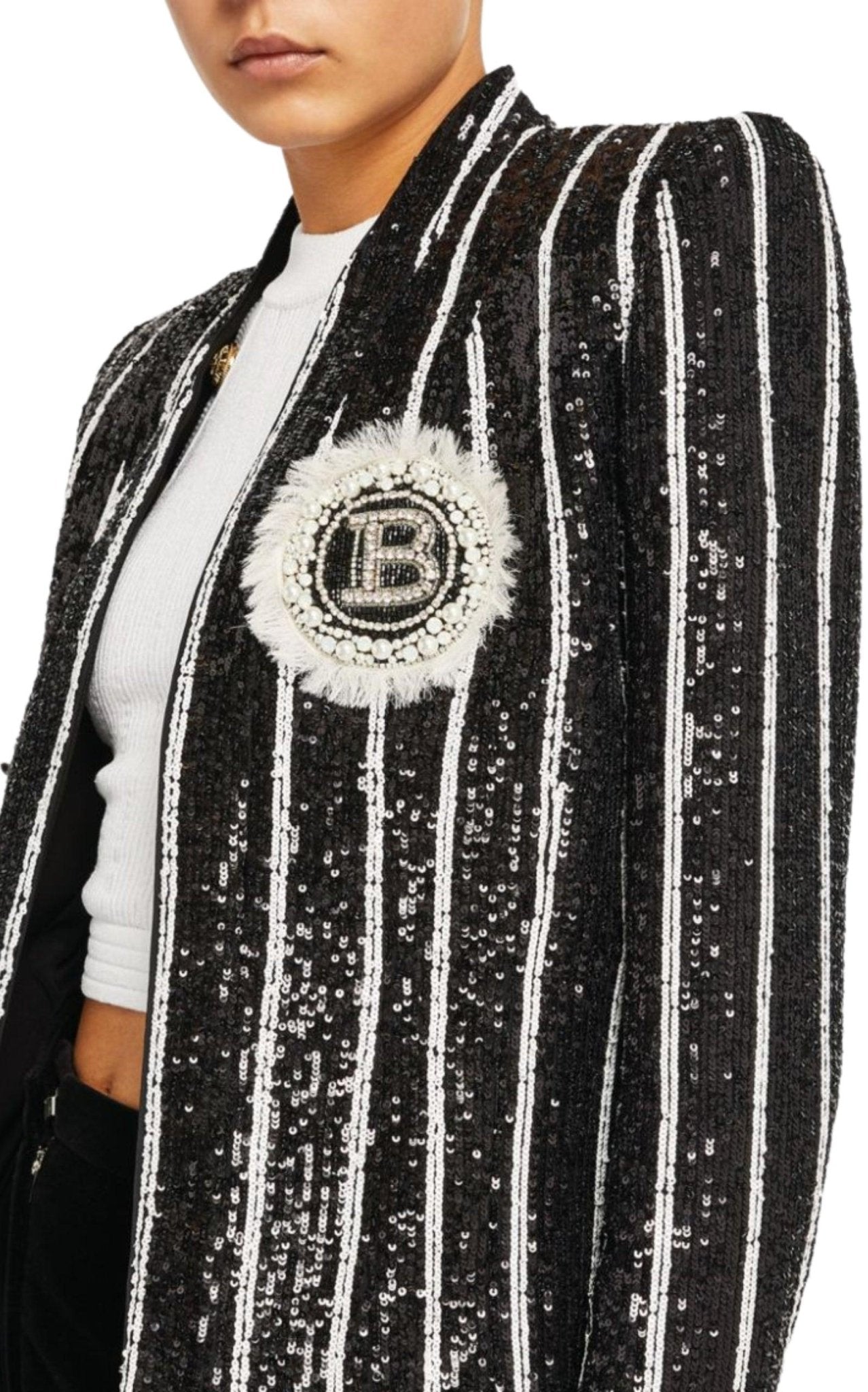 Balmain Sequinned Black White Striped Spencer Jacket - Runway Catalog