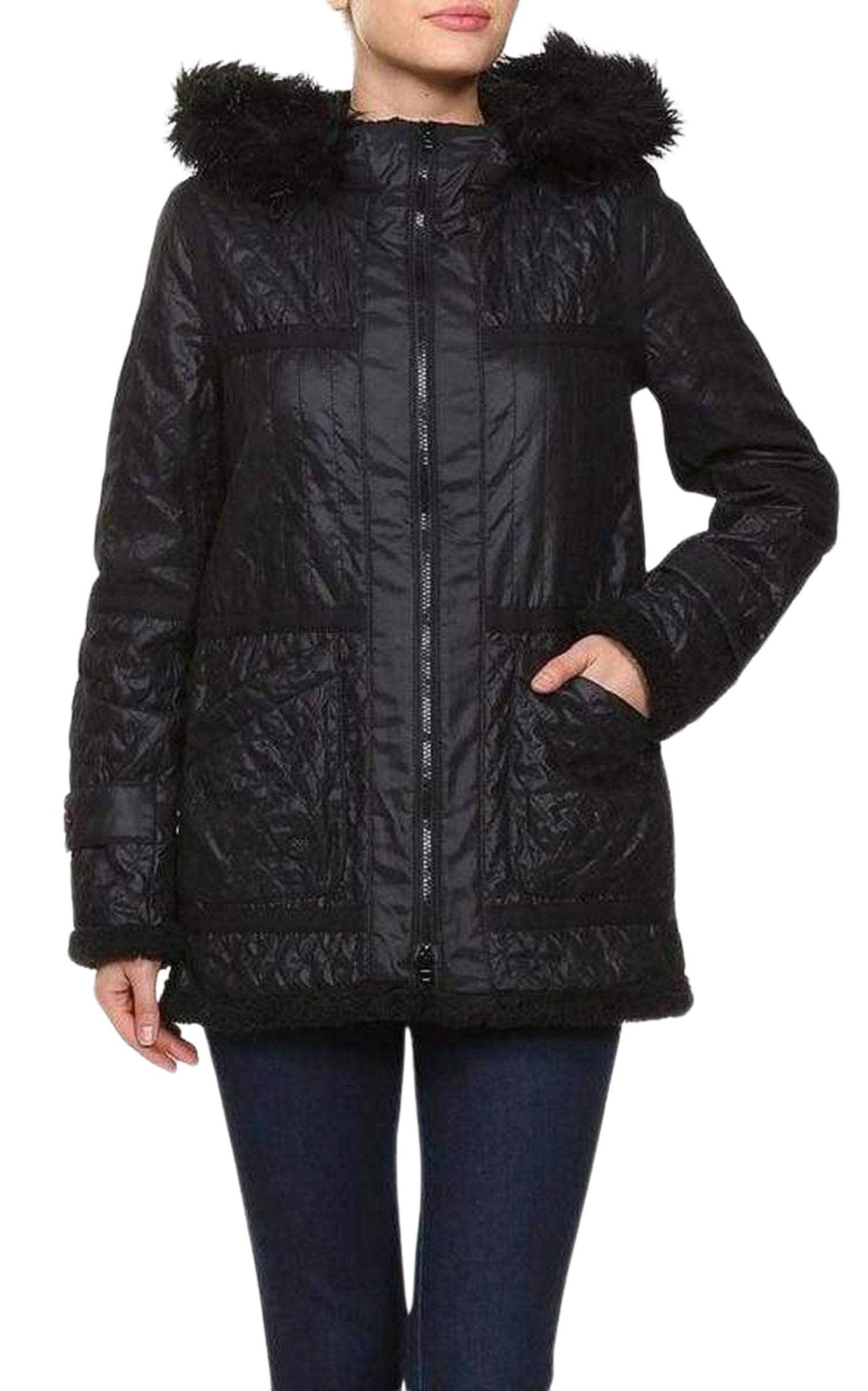 BCBGMAXAZRIA Black Genova Quilted Distressed Coat - Runway Catalog