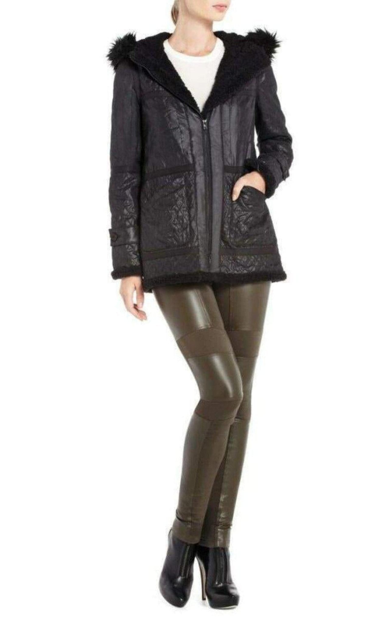 BCBGMAXAZRIA Black Genova Quilted Distressed Coat - Runway Catalog