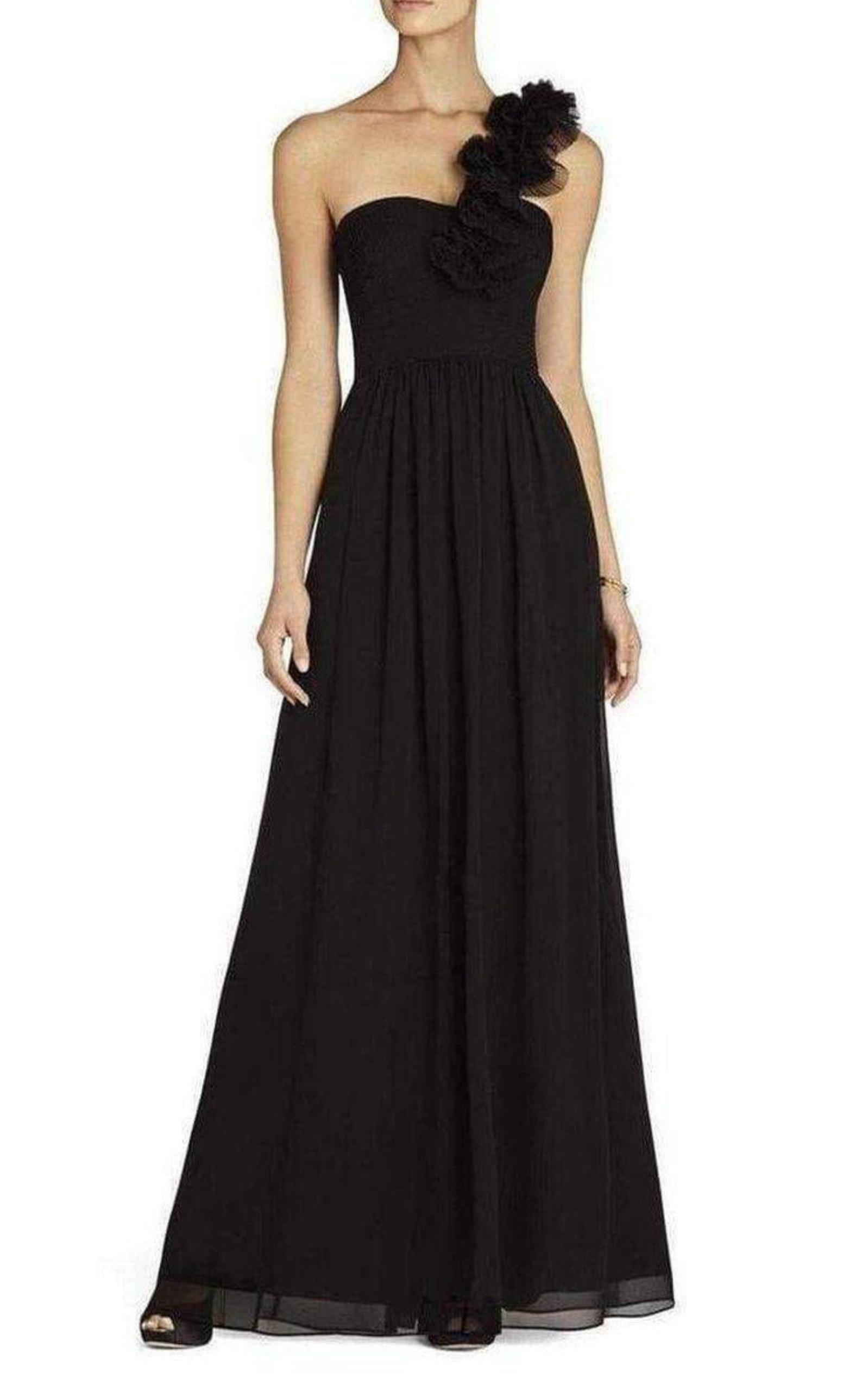 Black Silk Chiffon Patricia One Shoulder Dress BCBGMAXAZRIA