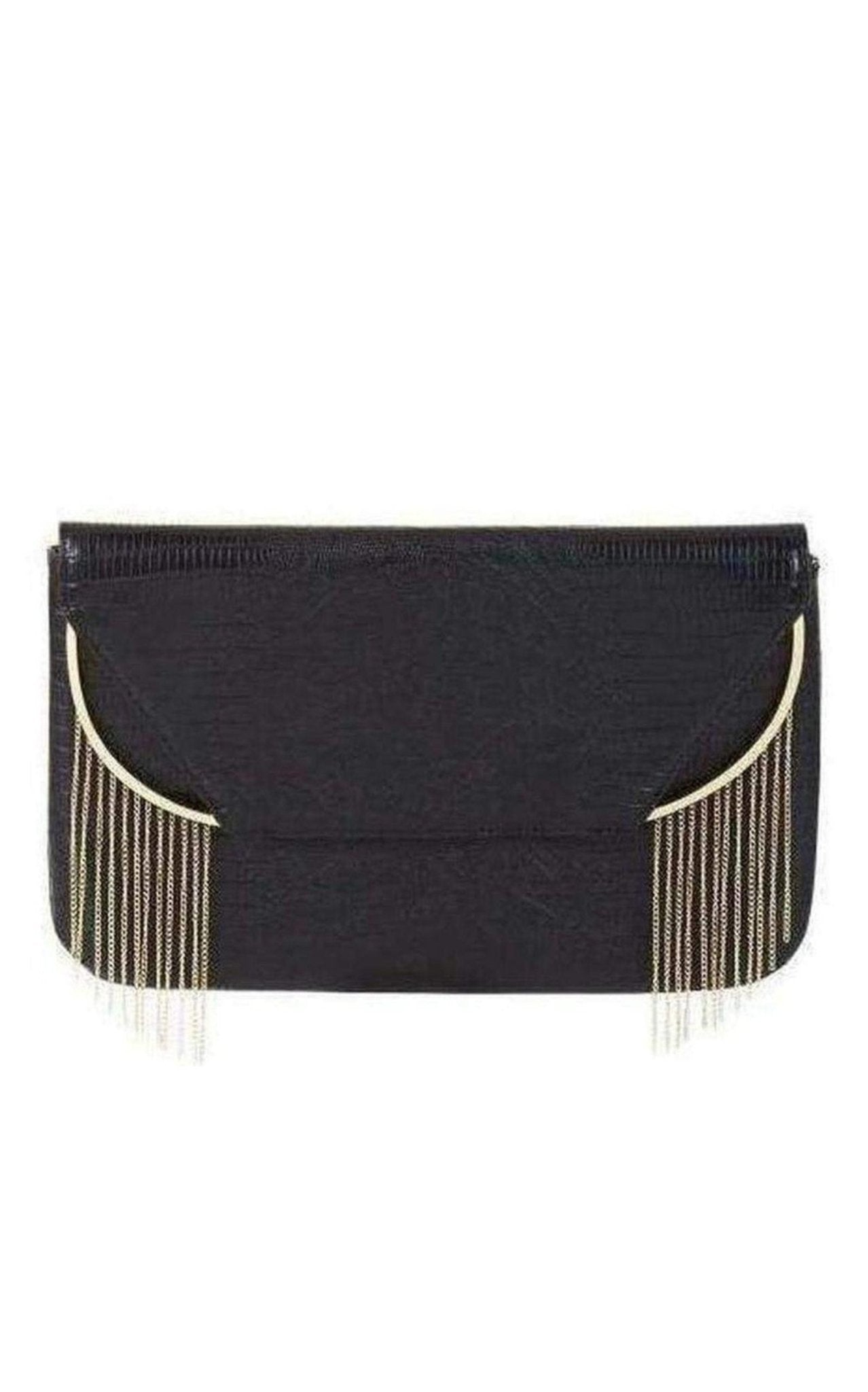 BCBGMAXAZRIA Black Snake Embossed Chain Fringe Clutch - Runway Catalog