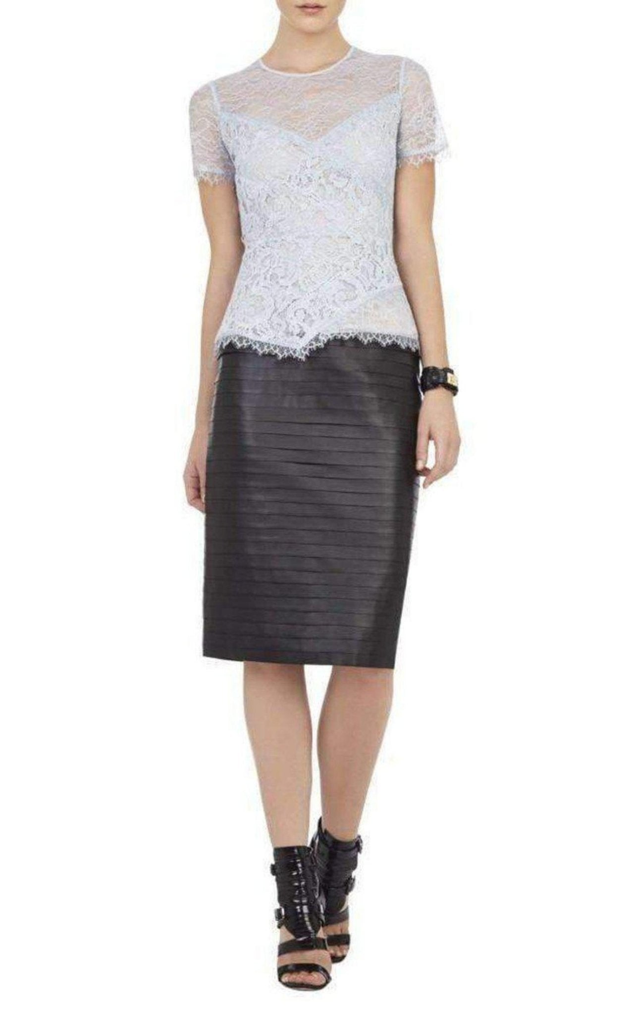 BCBGMAXAZRIA Cindee Sheer Short Sleeve Peplum Top - Runway Catalog
