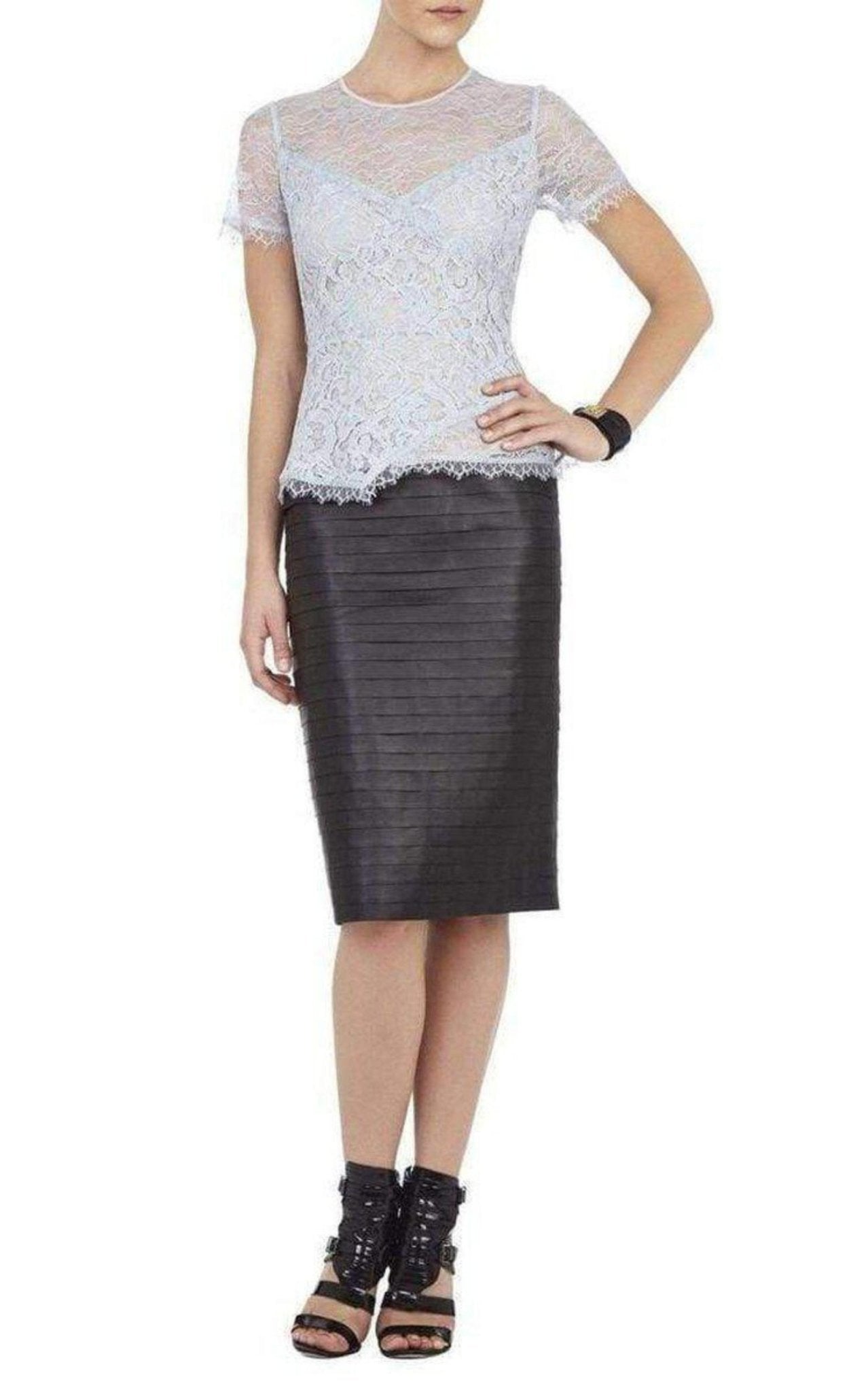 BCBGMAXAZRIA Cindee Sheer Short Sleeve Peplum Top - Runway Catalog