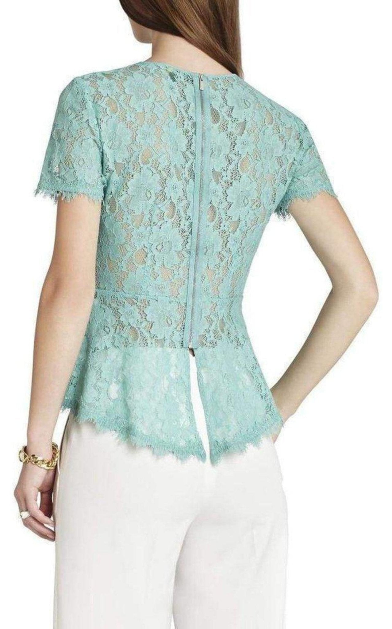 BCBGMAXAZRIA Evia Lace Peplum Top - Runway Catalog