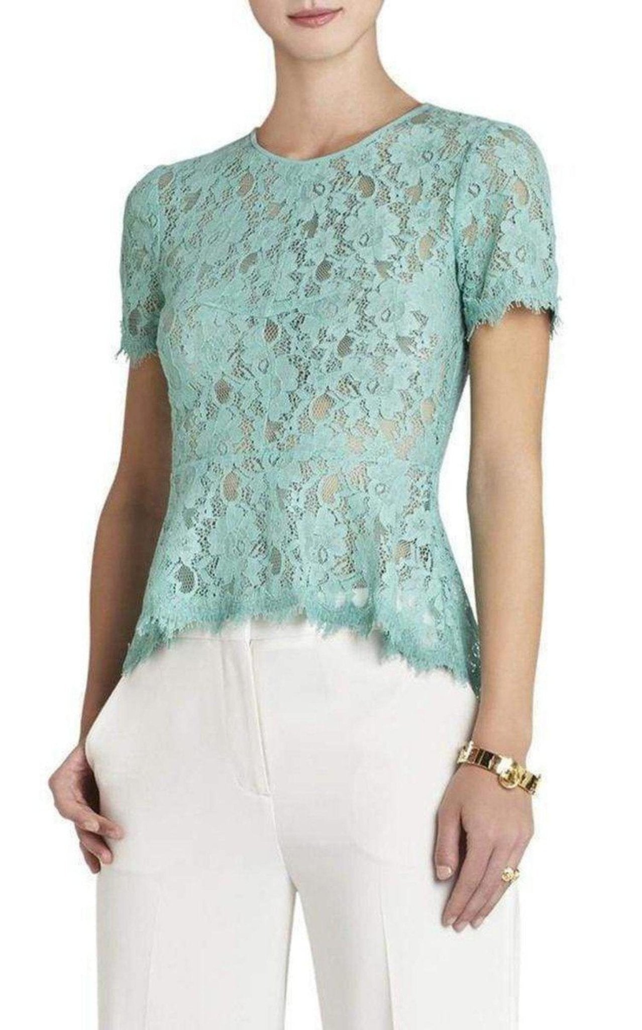 BCBGMAXAZRIA Evia Lace Peplum Top - Runway Catalog