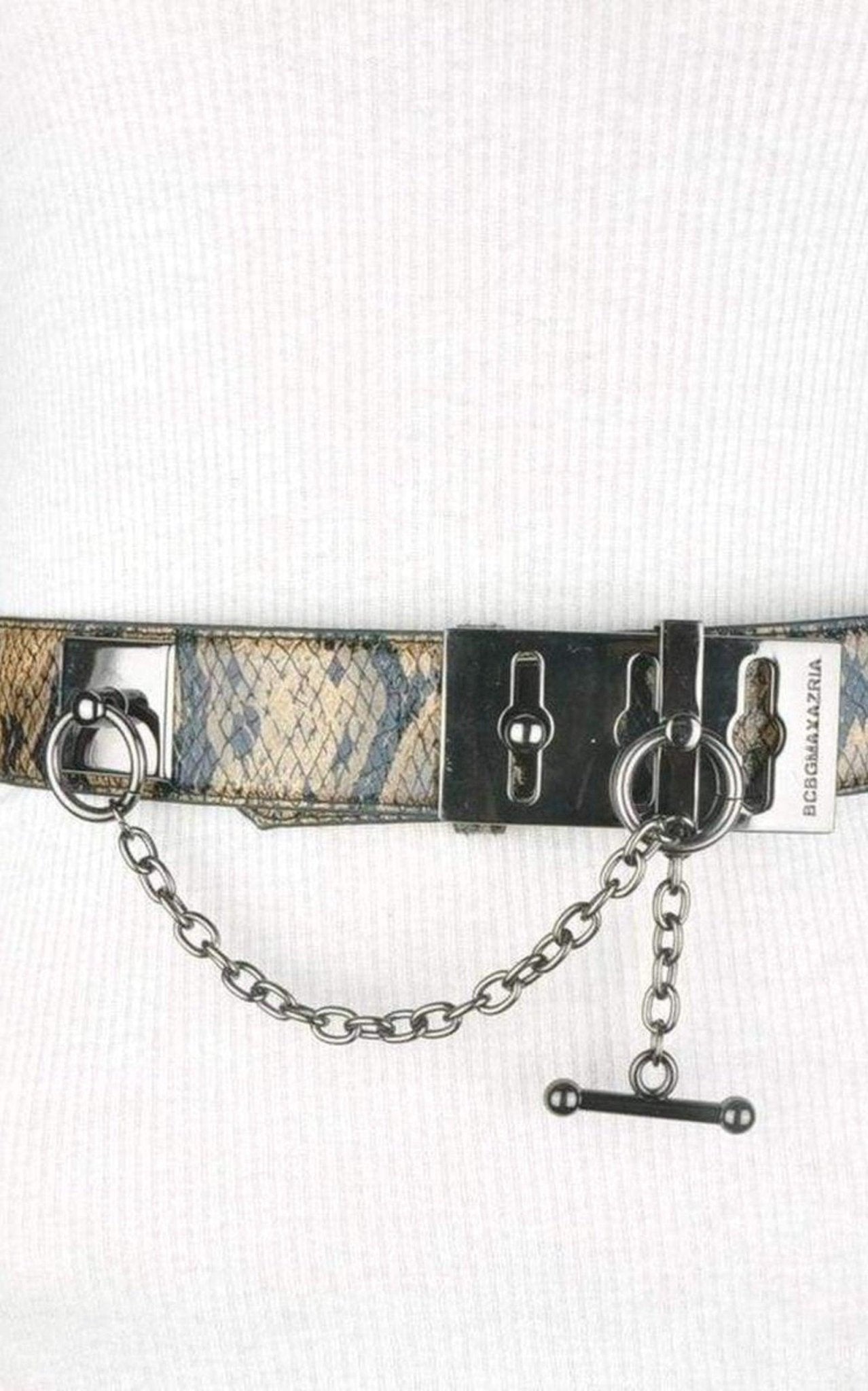 BCBGMAXAZRIA Faux Snake Leather Metallic Chain Toggle Belt - Runway Catalog
