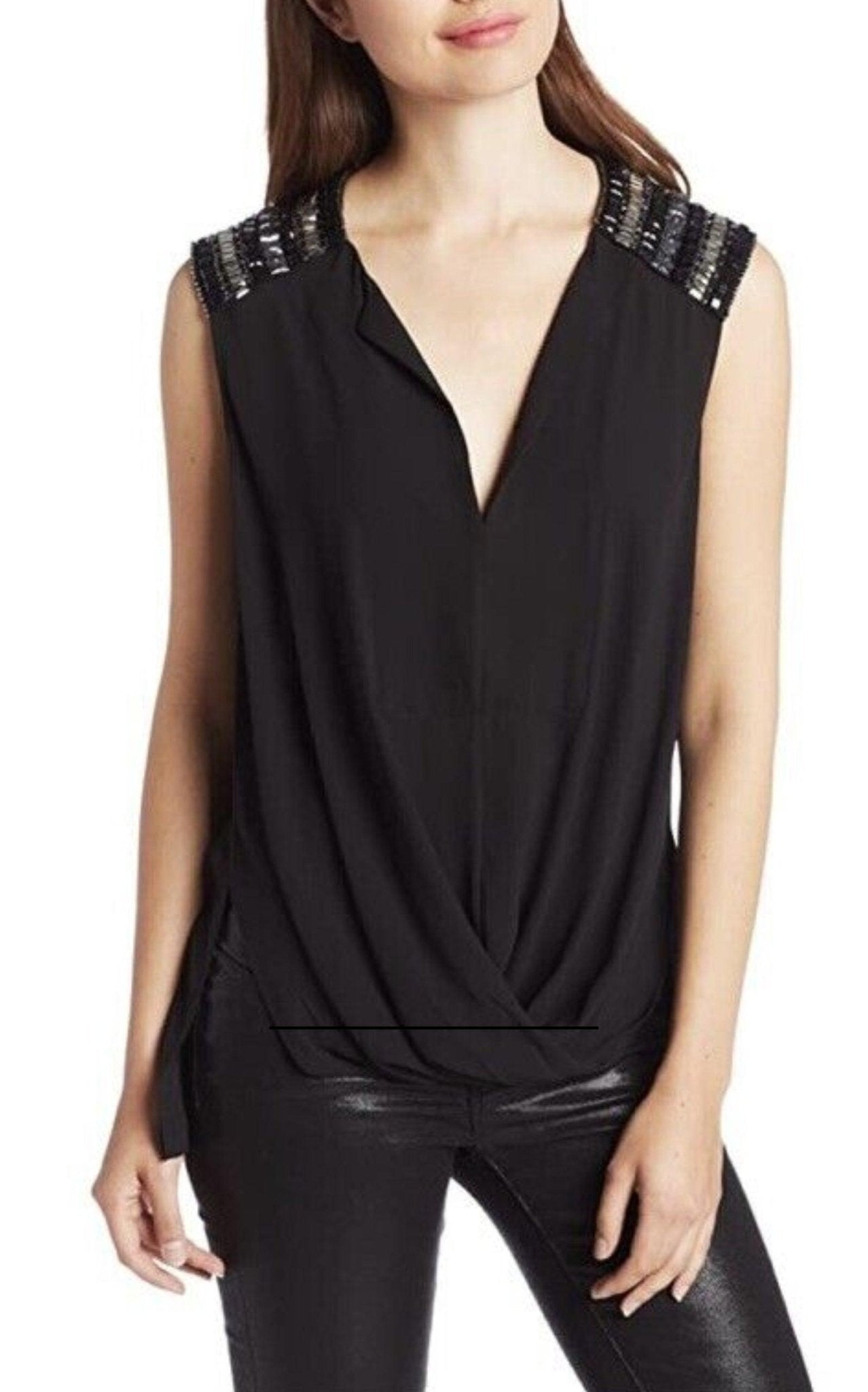 BCBGMAXAZRIA Gisele Front Draped Sleeveless Beaded Blouse - Runway Catalog