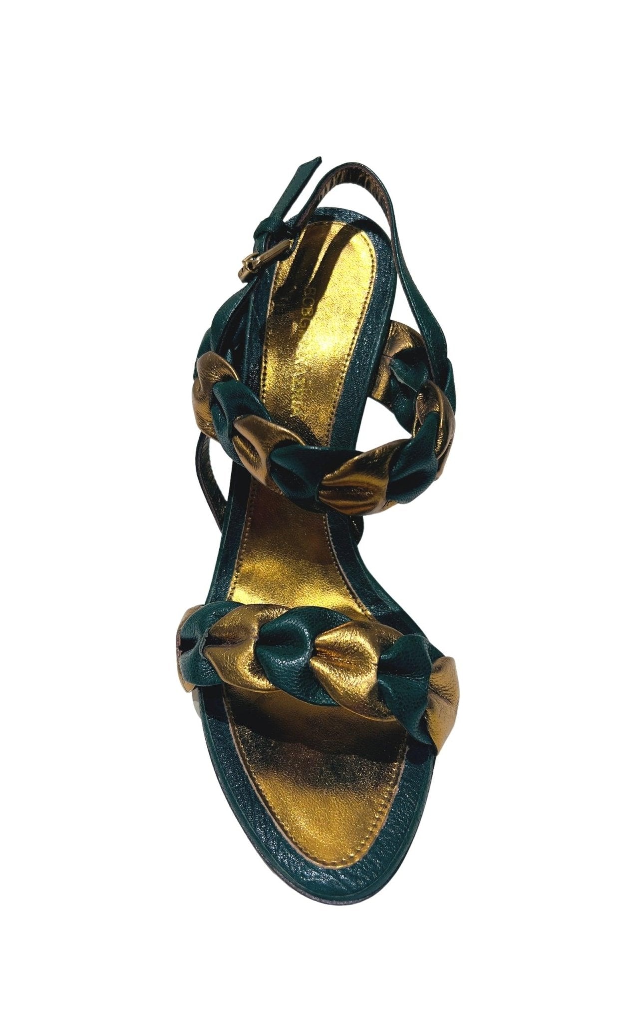 BCBGMAXAZRIA Green Gold Braided Leather Sandals - Runway Catalog