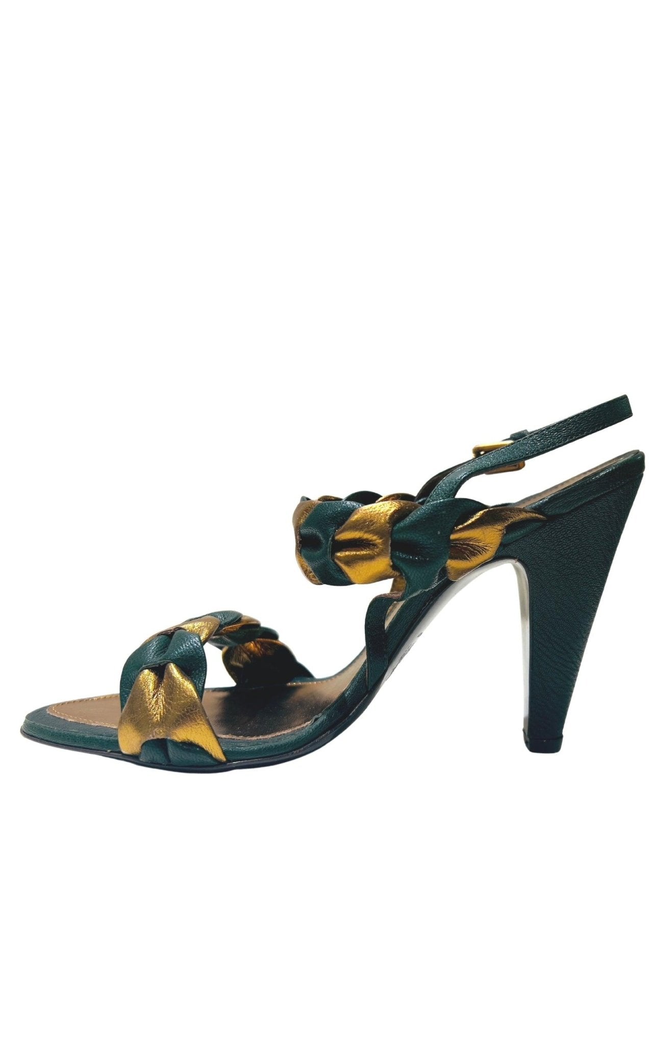 BCBGMAXAZRIA Green Gold Braided Leather Sandals - Runway Catalog