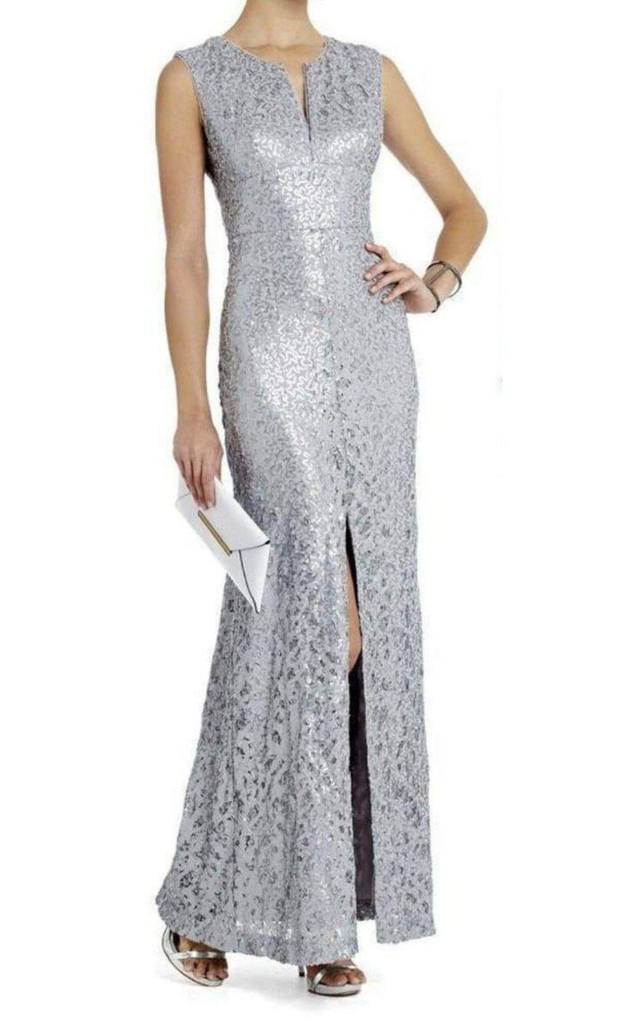 BCBGMAXAZRIA Grey Cain Sequin Appliqué Dress - Runway Catalog