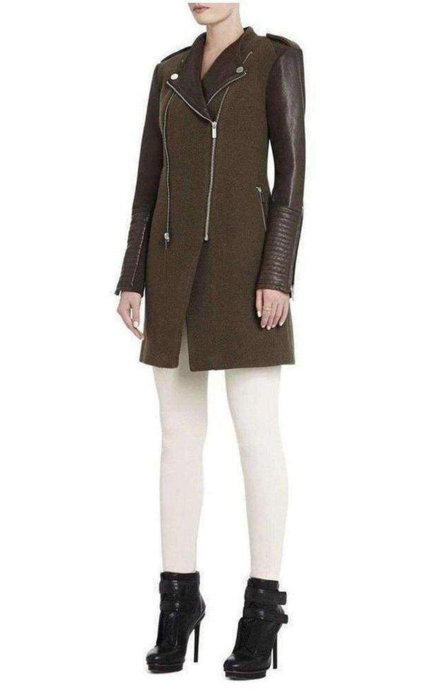 BCBGMAXAZRIA Julia Contrast Leather Sleeves Coat