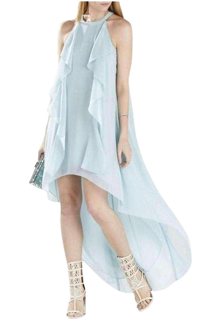 BCBGMAXAZRIA Kelsia Aqua Mist Cascade Ruffle Halter Dress - Runway Catalog