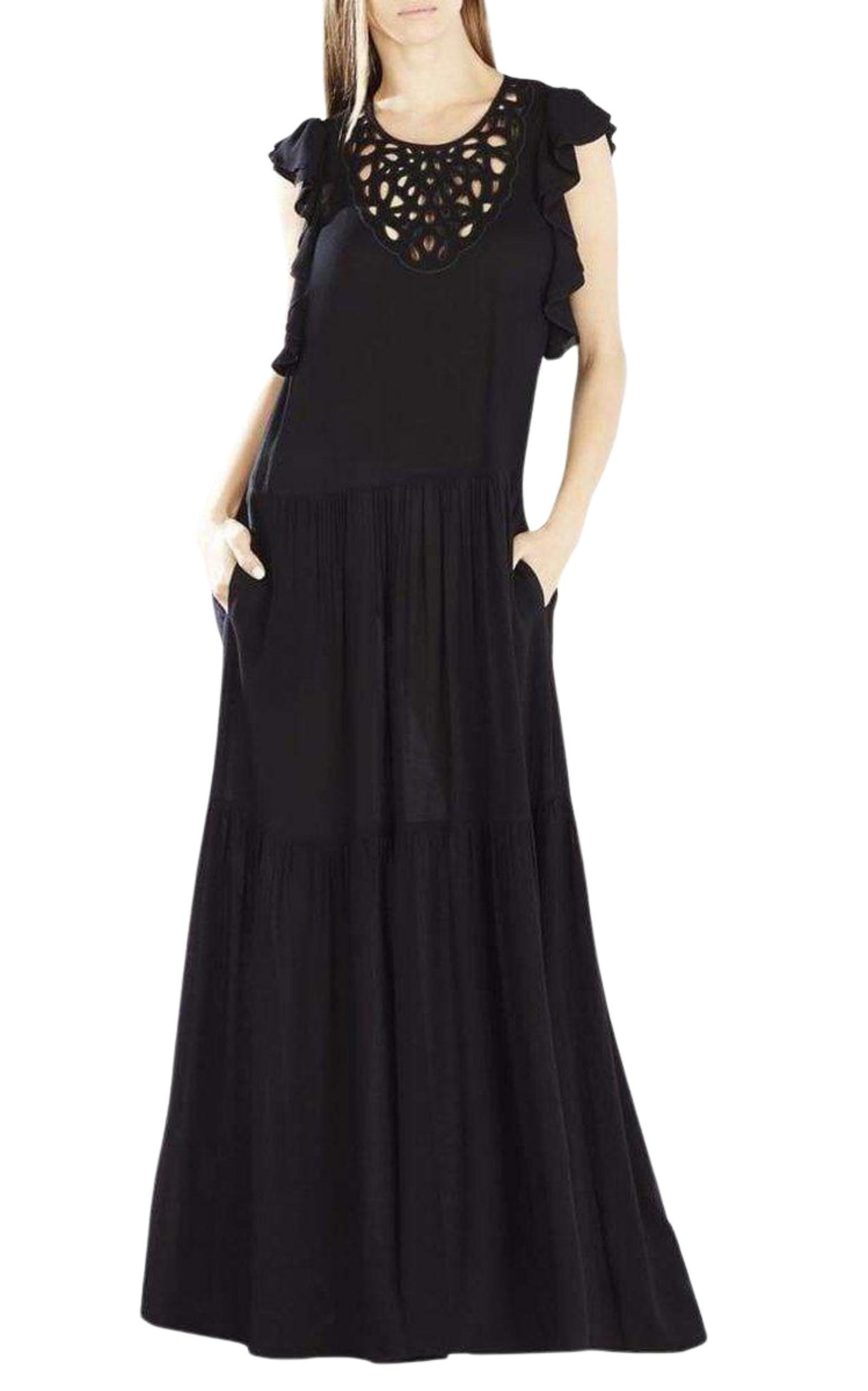 Lyndsy Flutter Sleeve Cutout Embroidered Maxi Dress BCBGMAXAZRIA