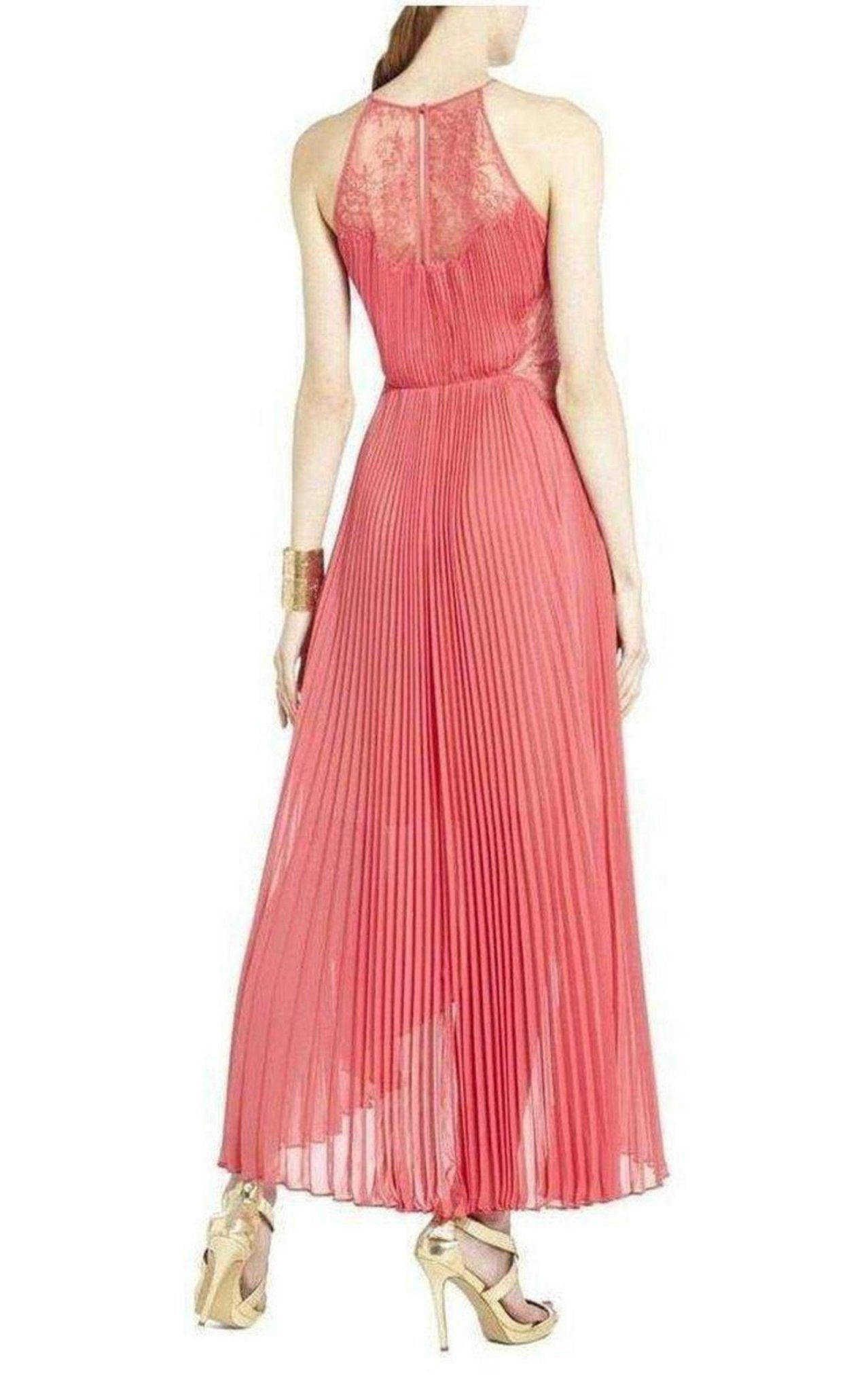 BCBGMAXAZRIA Maryella Deep Coral Pleat and Lace Dres - Runway Catalog