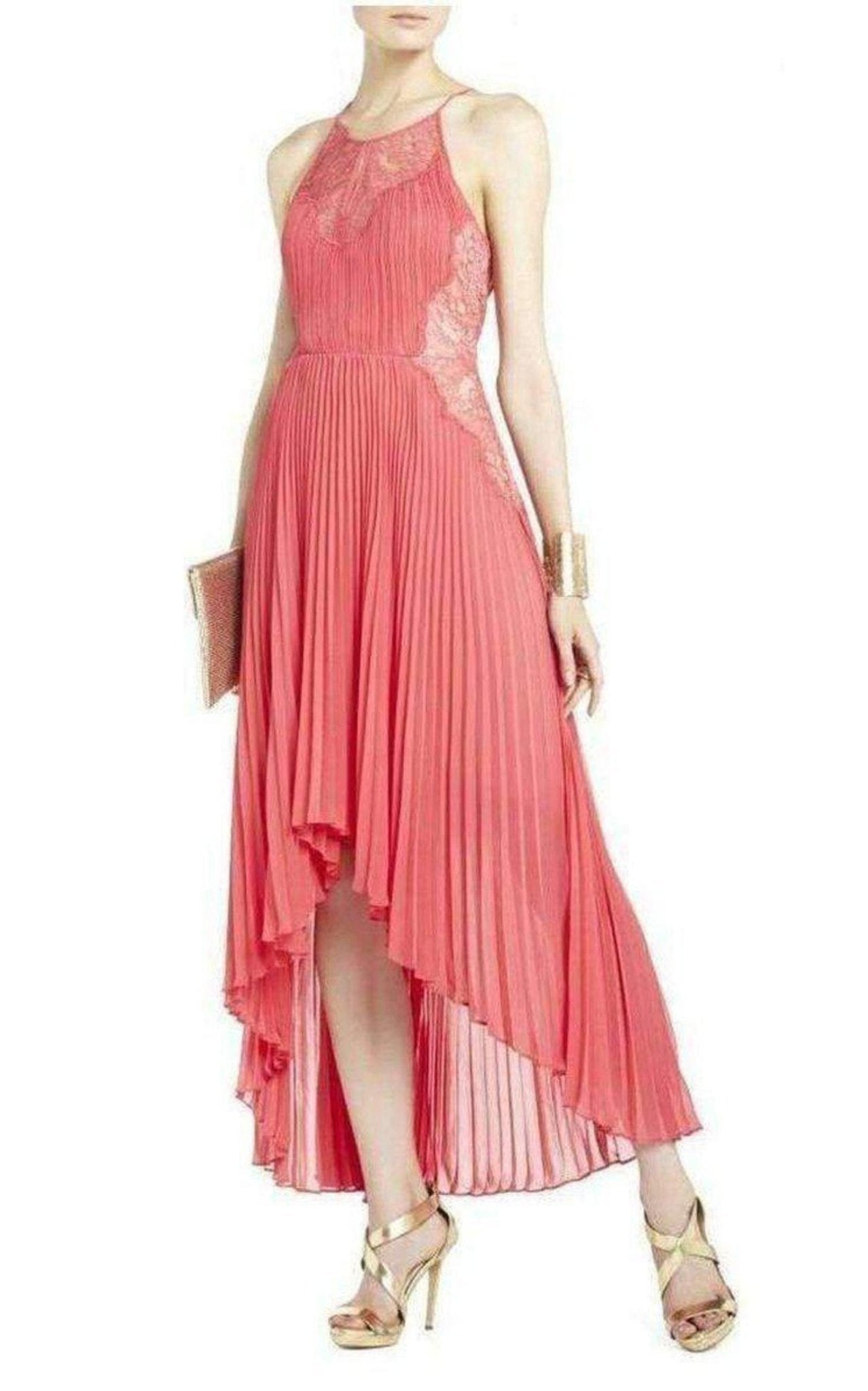 BCBGMAXAZRIA Maryella Deep Coral Pleat and Lace Dres - Runway Catalog