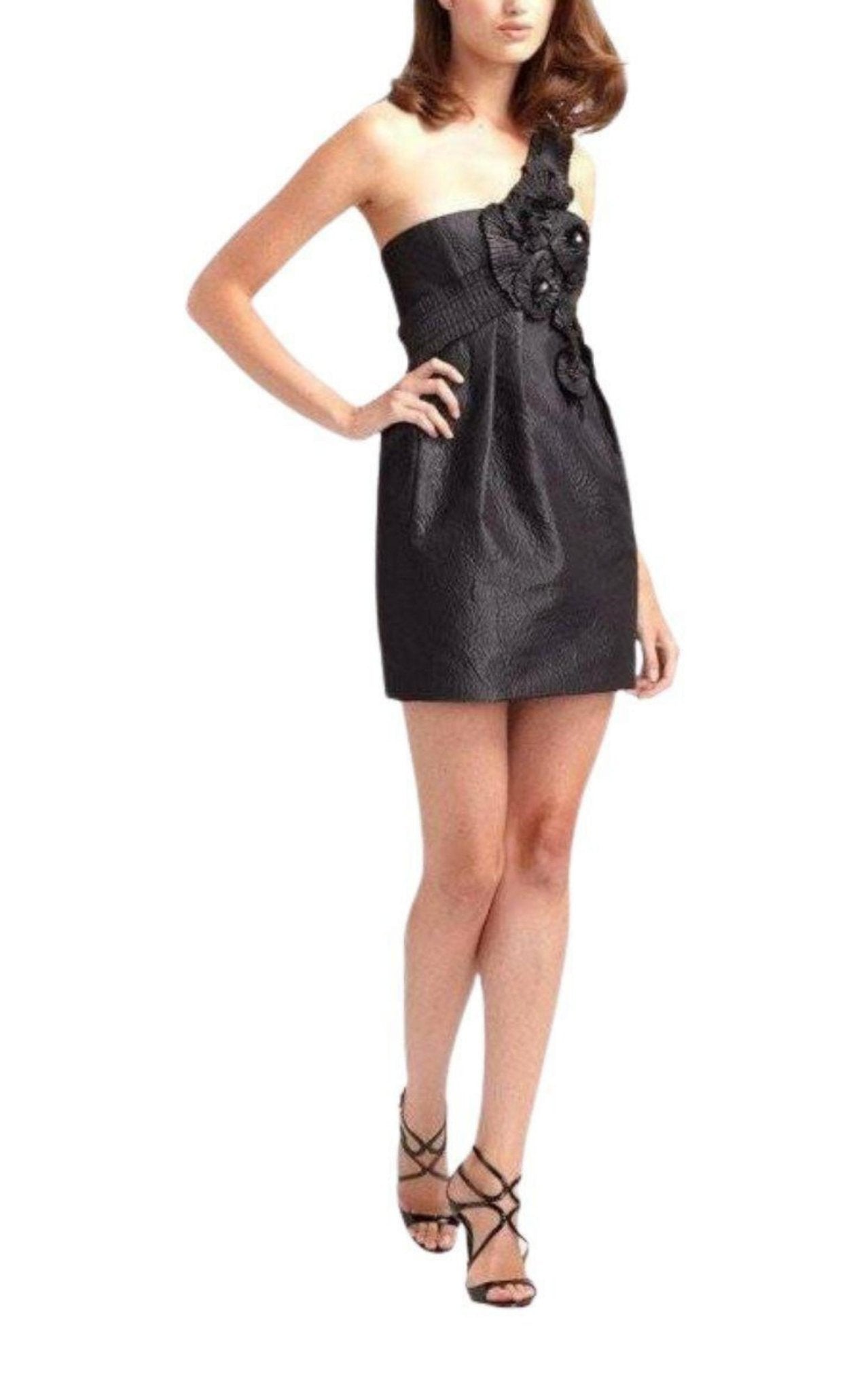 BCBGMAXAZRIA One shoulder Gunmetal Jacquard Rosette Dress - Runway Catalog