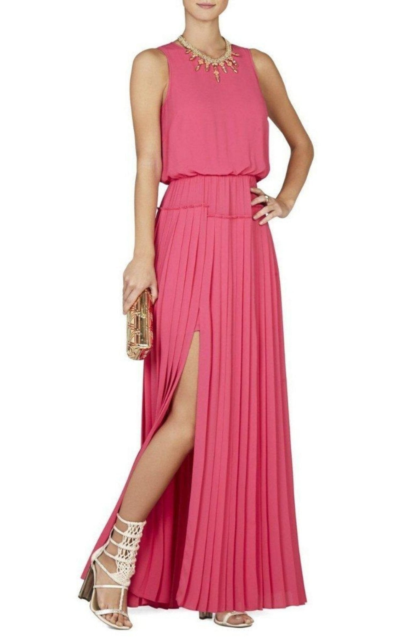 BCBGMAXAZRIA Pink Jenine High Split Pleated Skirt Maxi Dress - Runway Catalog