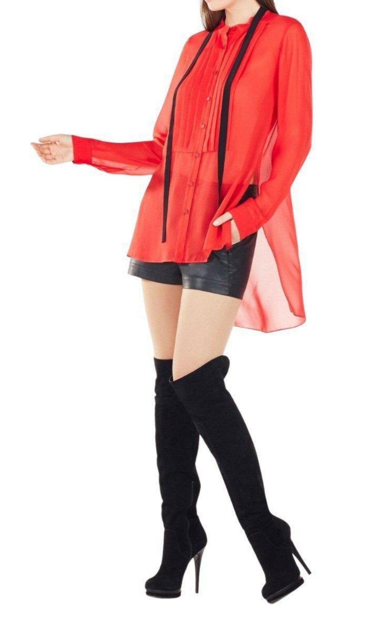 BCBGMAXAZRIA Red Berry Kristian Pleated Button - Up Shirt - Runway Catalog