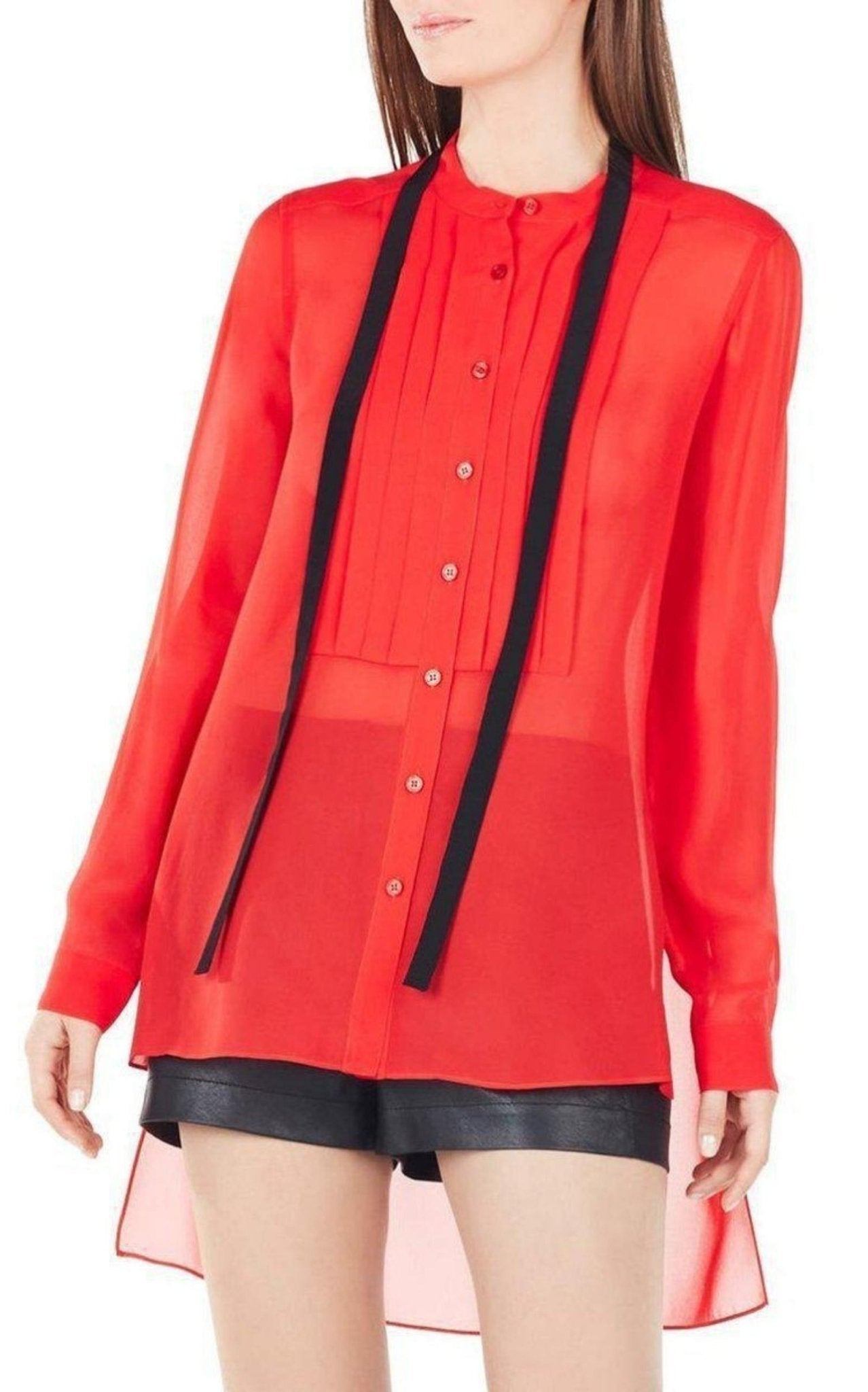 BCBGMAXAZRIA Red Berry Kristian Pleated Button - Up Shirt - Runway Catalog