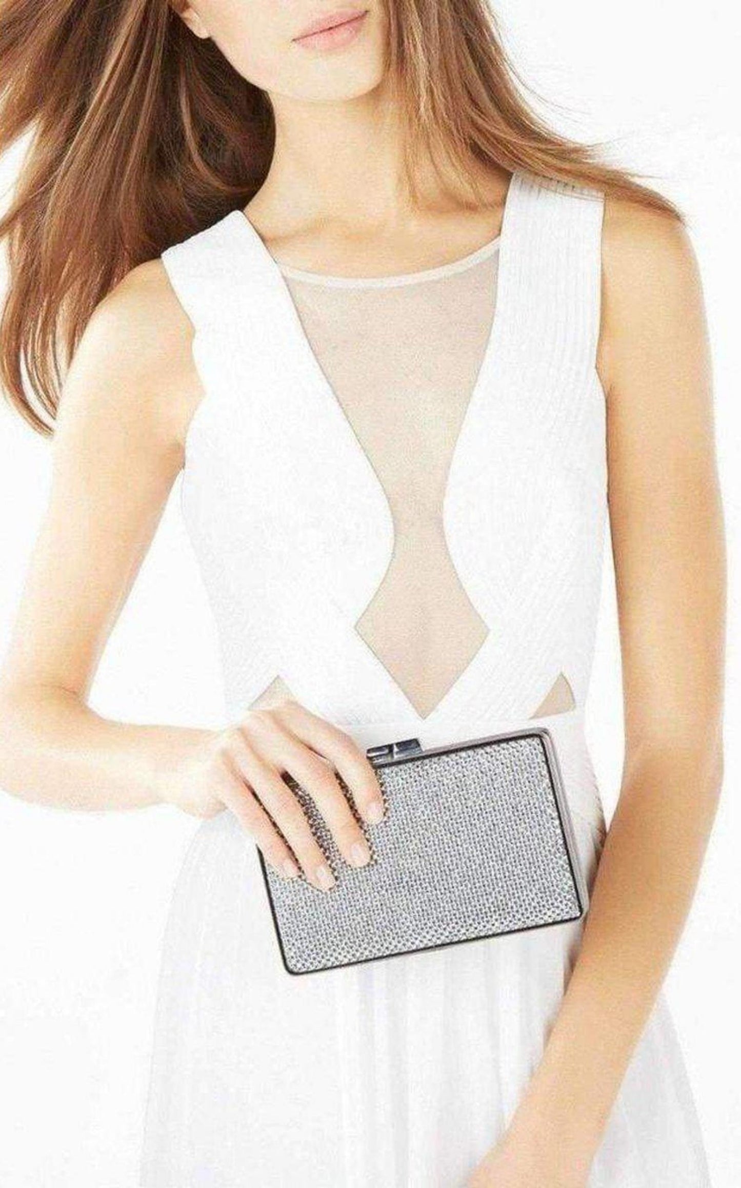 Sonia Silver Crystal Mesh Satin Frame Clutch BCBGMAXAZRIA