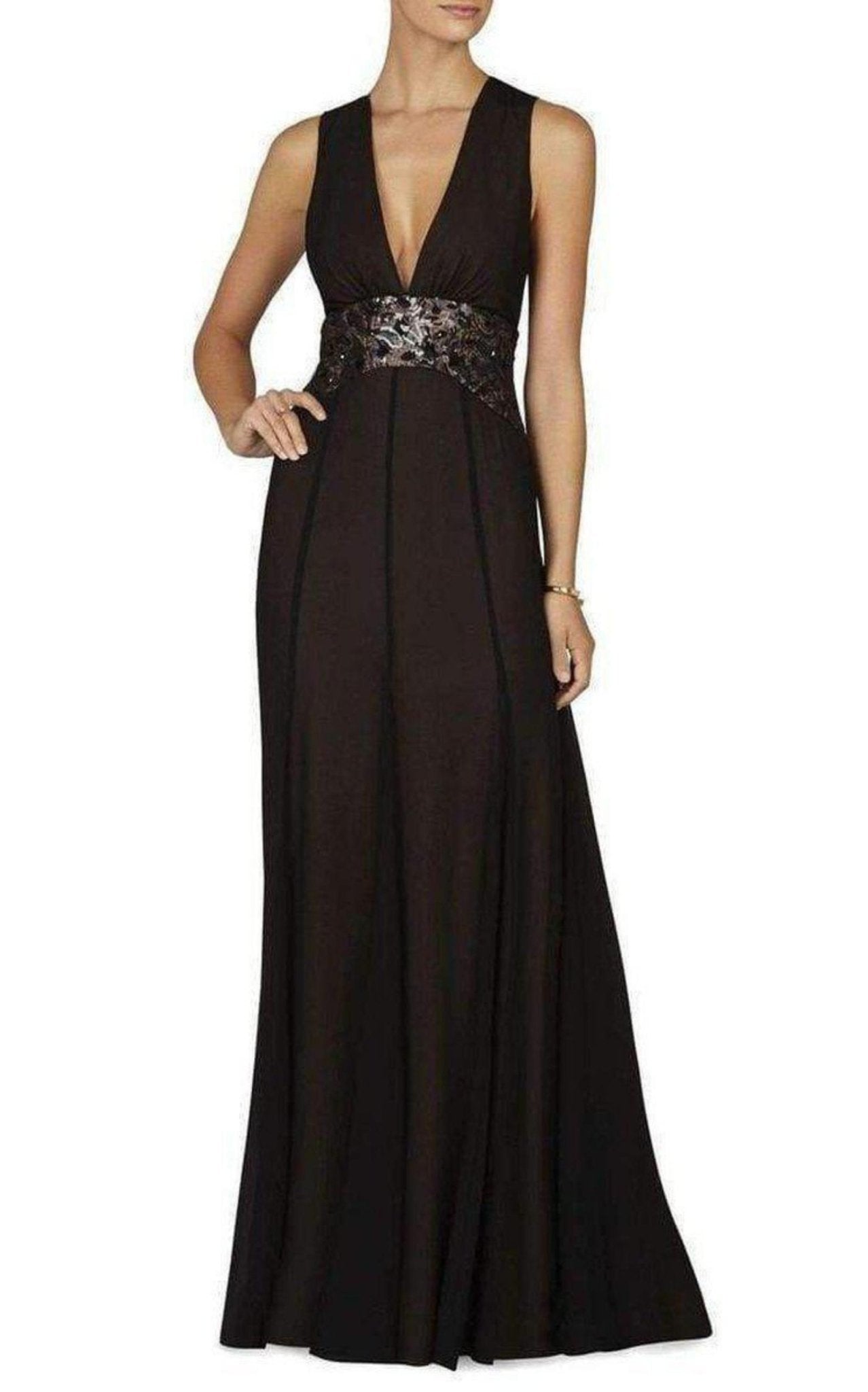 BCBGMAXAZRIA Stacy Plunging V Neck Embellished Waist Gown - Runway Catalog