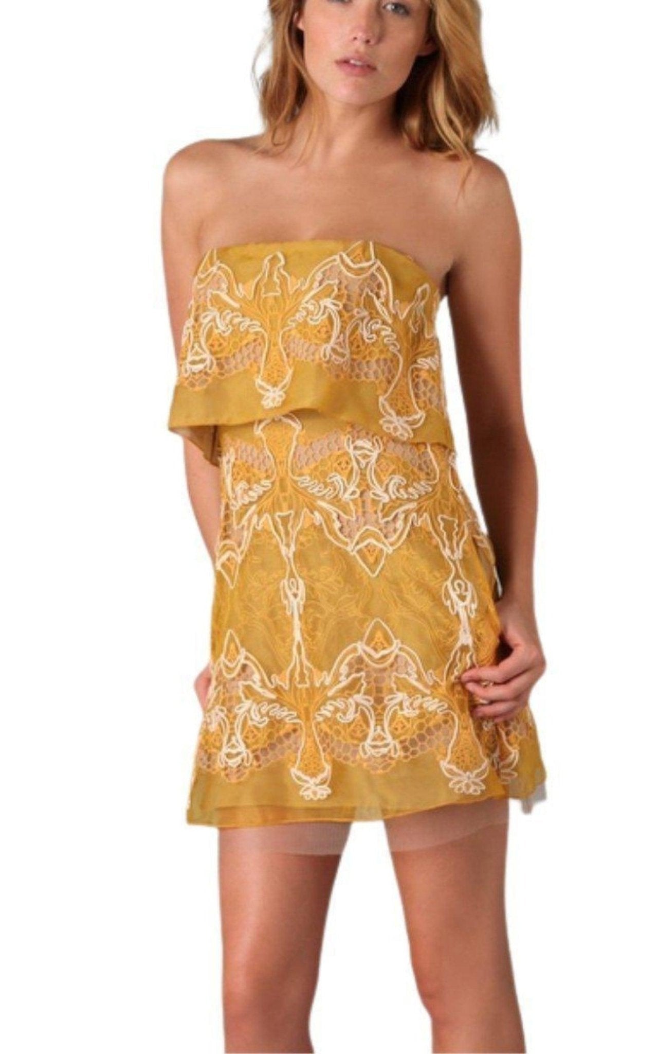 BCBGMAXAZRIA Strapless Yellow Lace Silk Dress - Runway Catalog