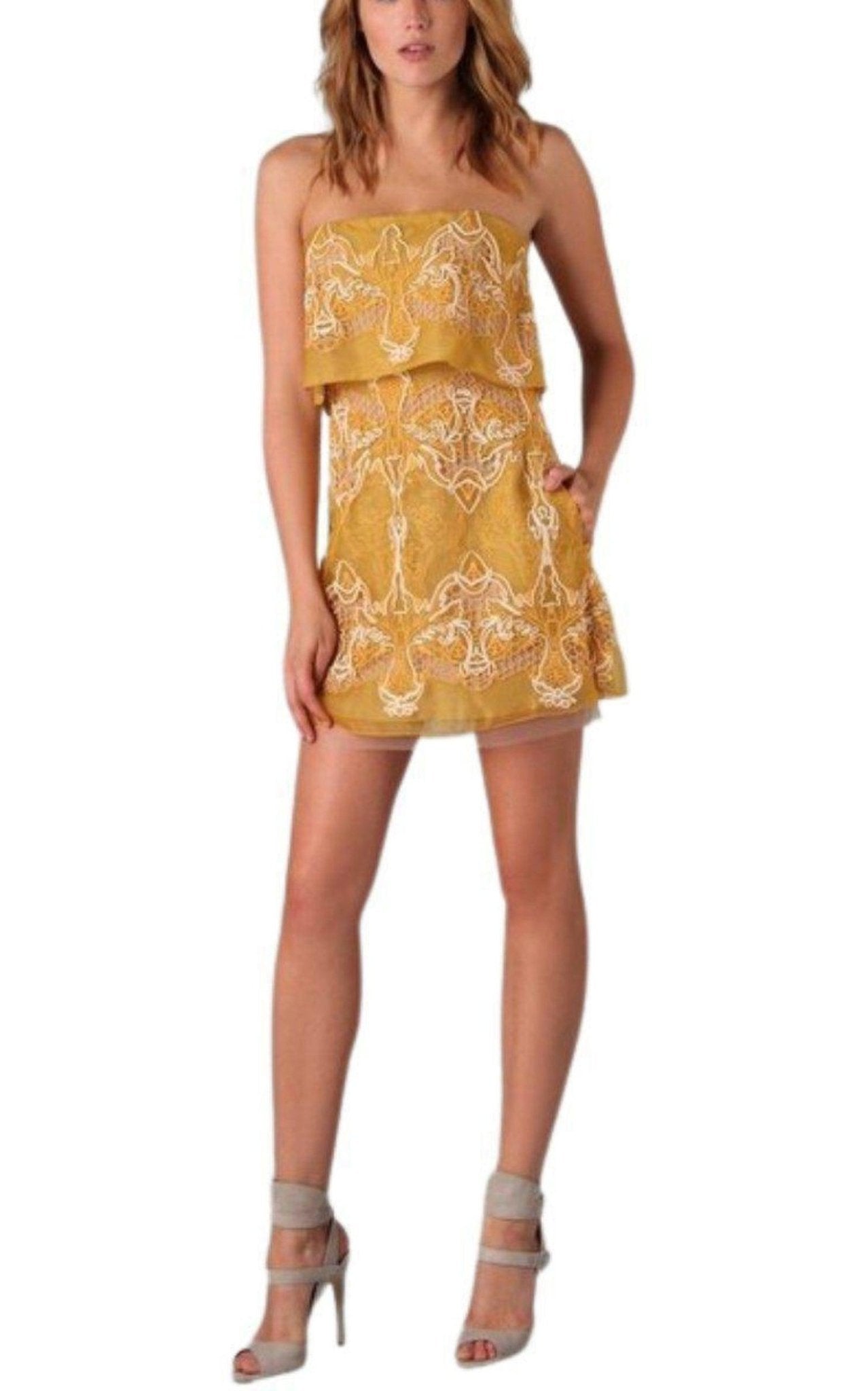 BCBGMAXAZRIA Strapless Yellow Lace Silk Dress - Runway Catalog
