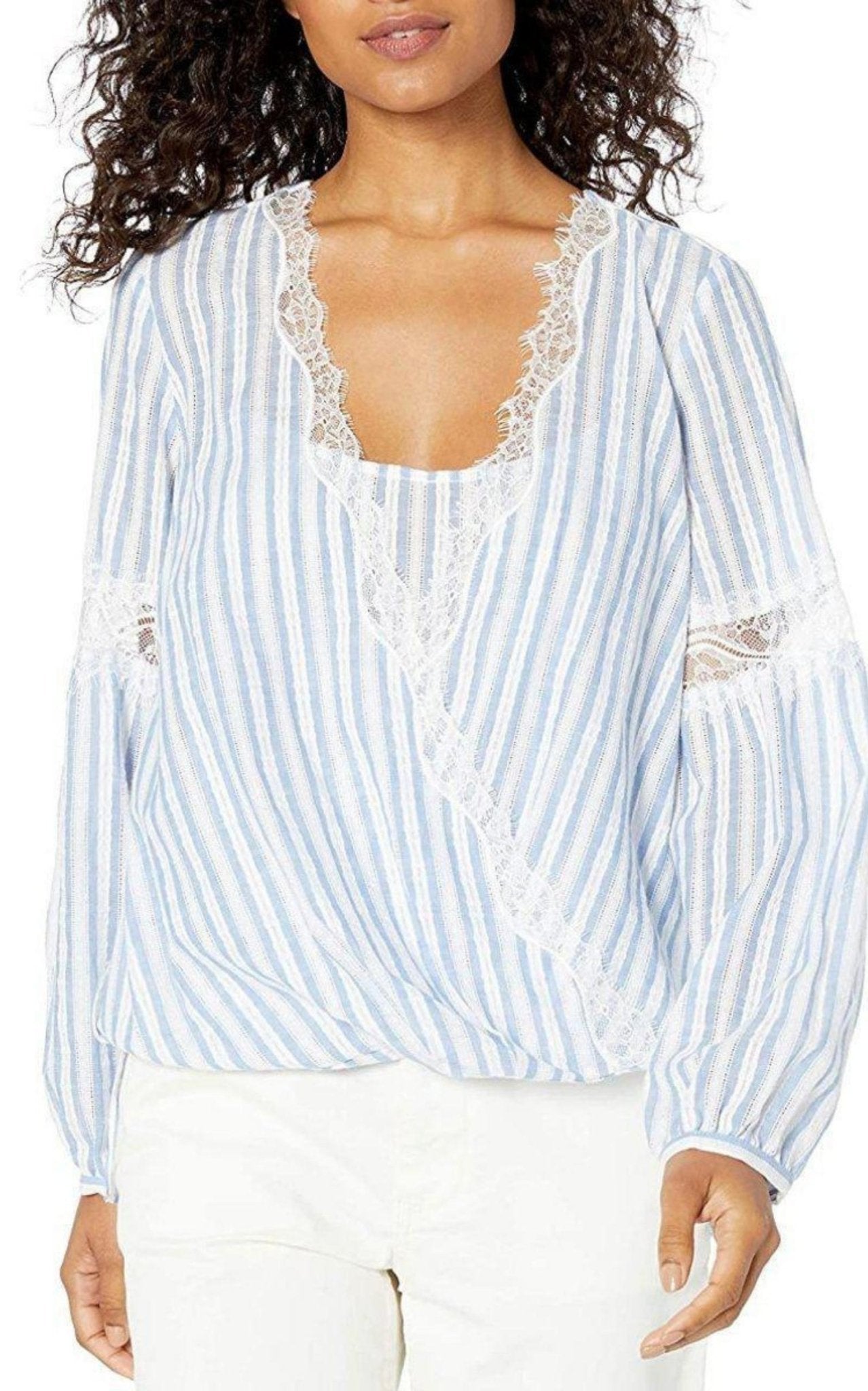 BCBGMAXAZRIA Striped Faux Wrap Cotton Blouse - Runway Catalog