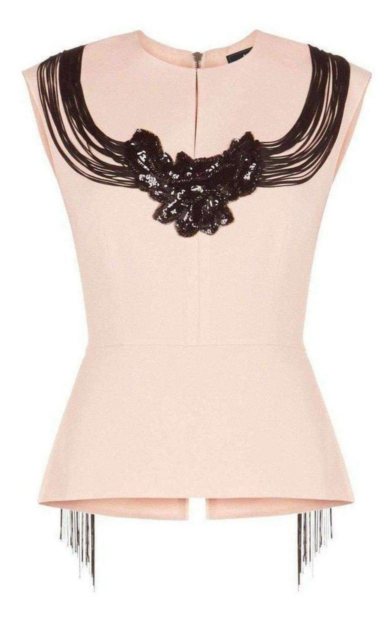 BCBGMAXAZRIA Virginie Beaded Fringe Peplum Top - Runway Catalog