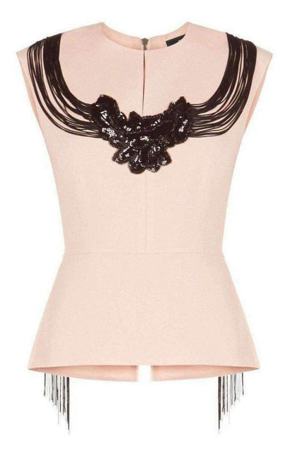 BCBGMAXAZRIA Virginie Beaded Fringe Peplum Top - Runway Catalog