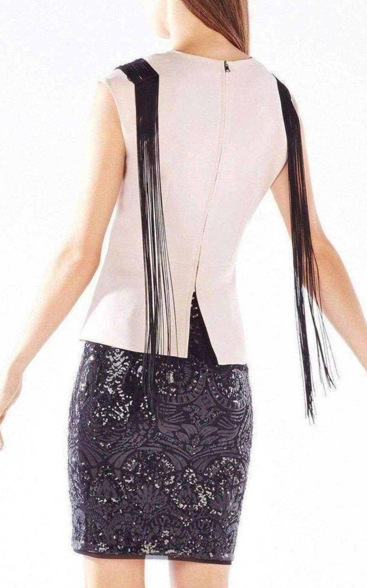 BCBGMAXAZRIA Virginie Beaded Fringe Peplum Top - Runway Catalog