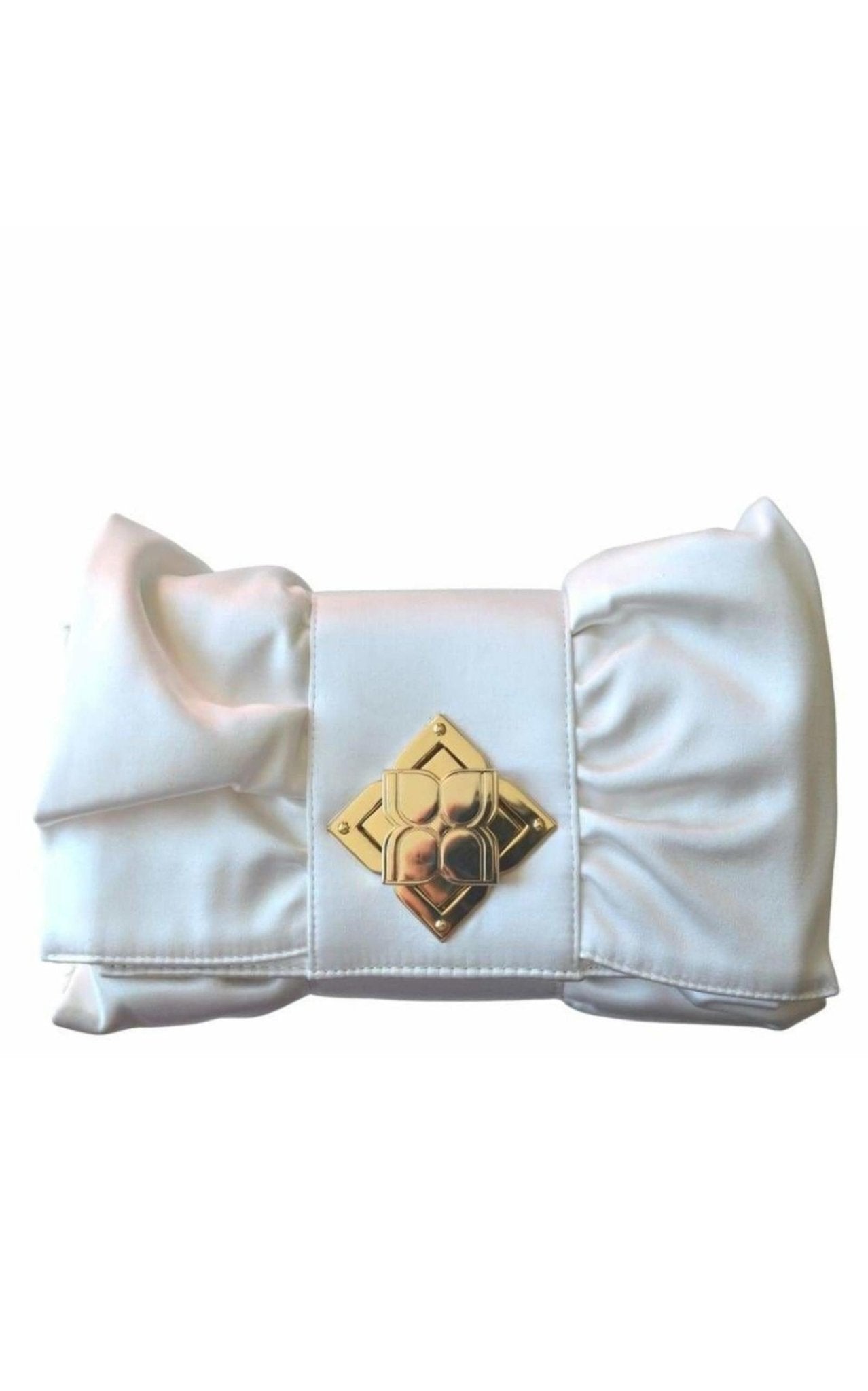 BCBGMAXAZRIA White Satin Signature Bow Ruffle Clutch - Runway Catalog