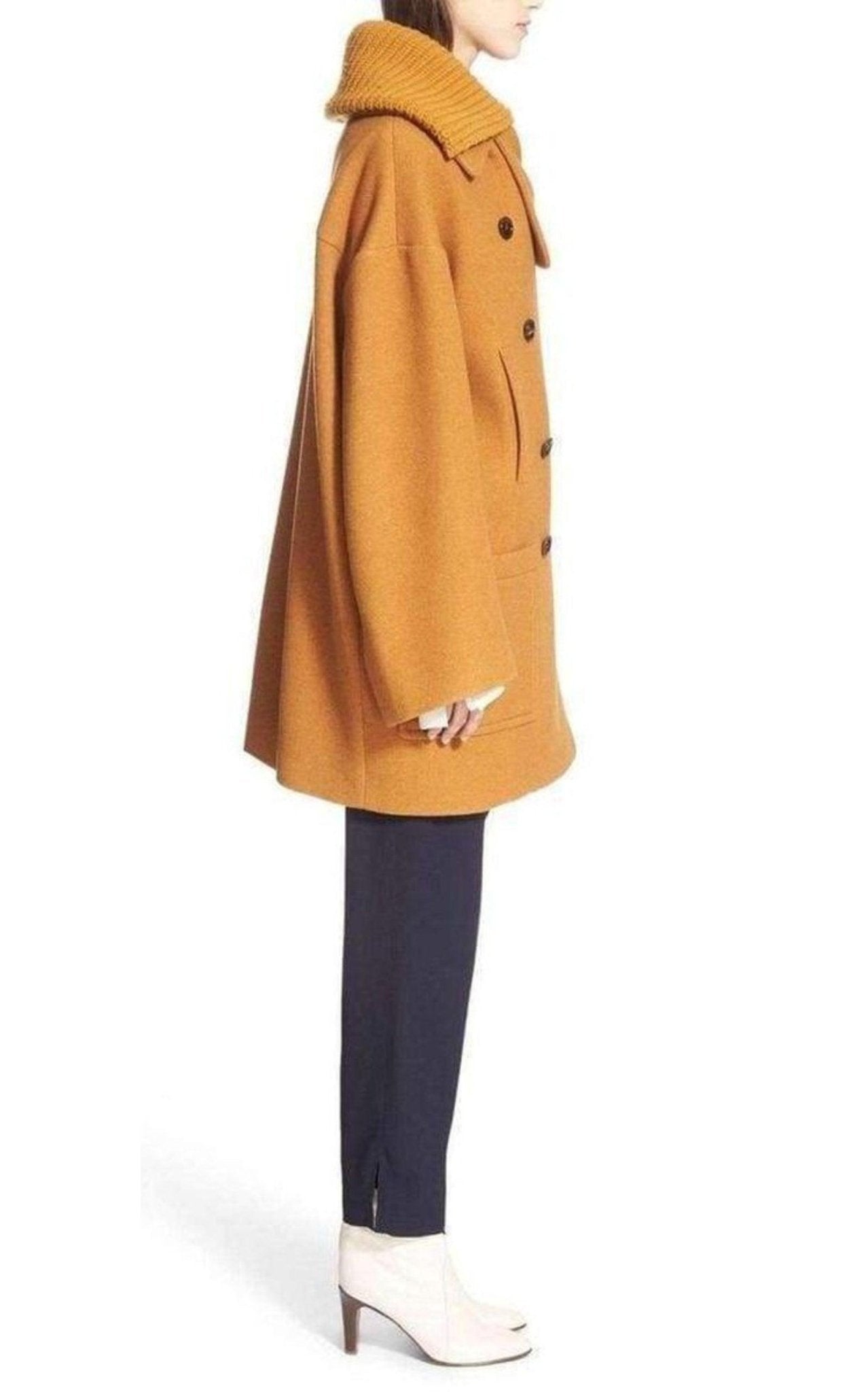 Chloe Rib Knit Collar Double Breasted Wool Coat - Runway Catalog