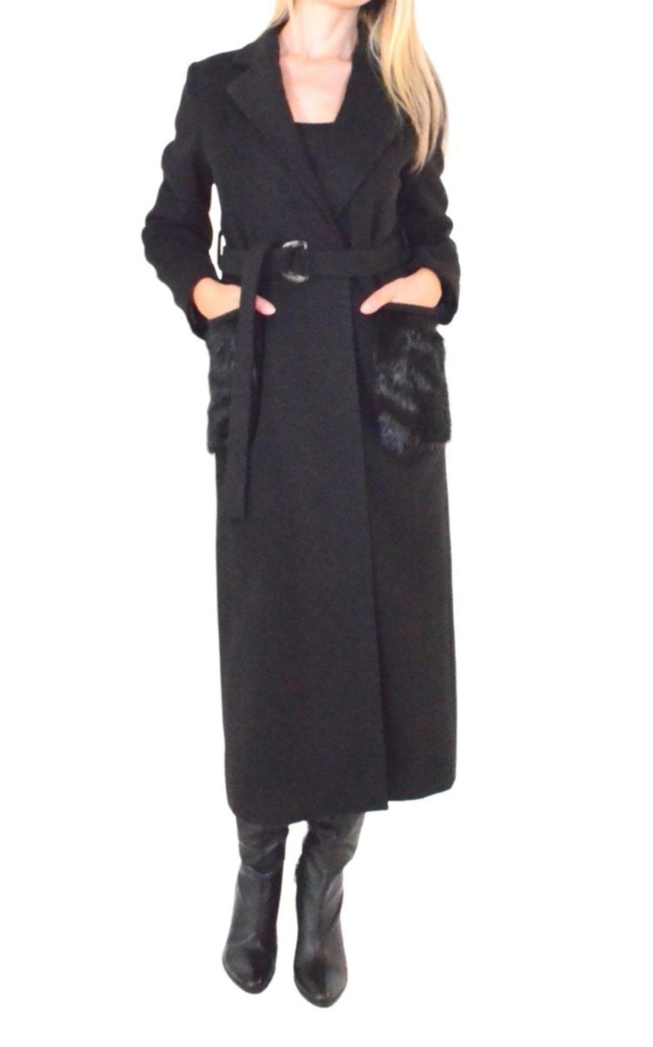 Cult Moda Black Classic Coat with Faux Fur Pockets - Runway Catalog