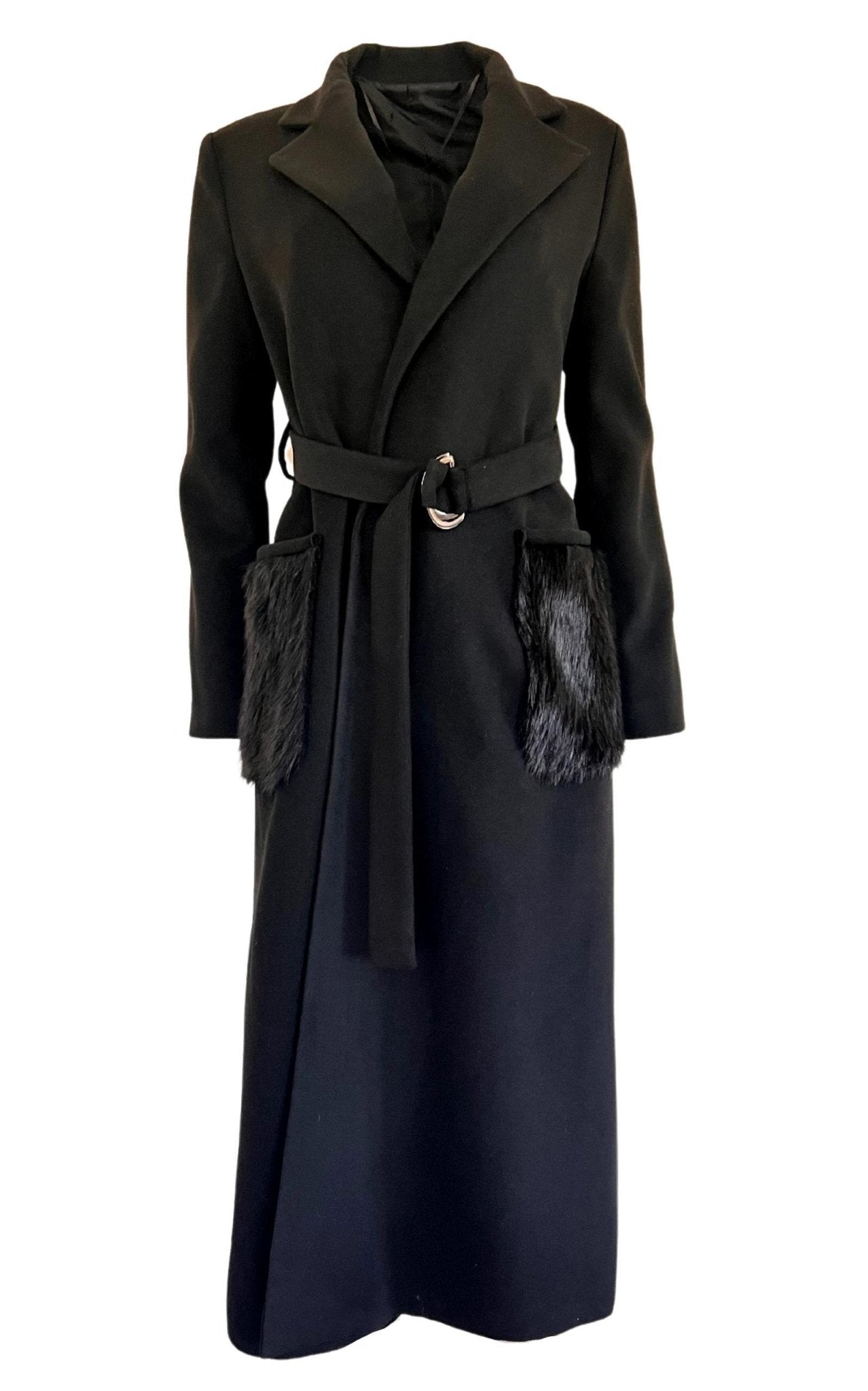 Cult Moda Black Classic Coat with Faux Fur Pockets - Runway Catalog