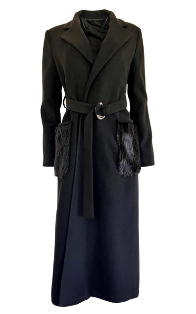 Cult Moda Black Classic Coat with Faux Fur Pockets - Runway Catalog