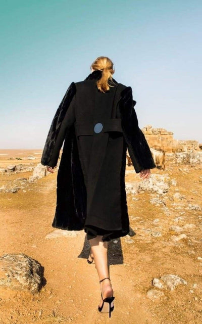 Cult Moda Black Faux Fur Details Long Trench Coat - Runway Catalog