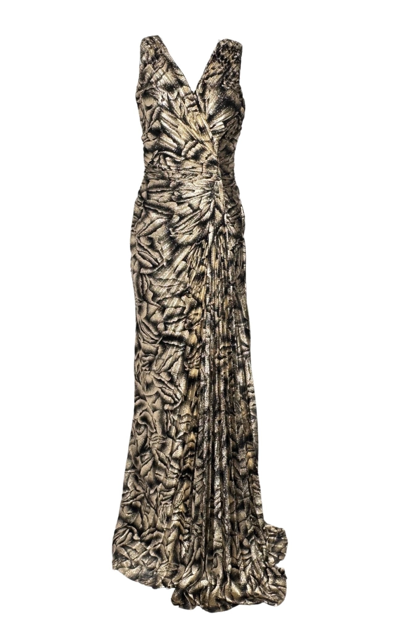Cult Moda Black Rose Print Gold Shimmer Pleated Prom Dress - Runway Catalog