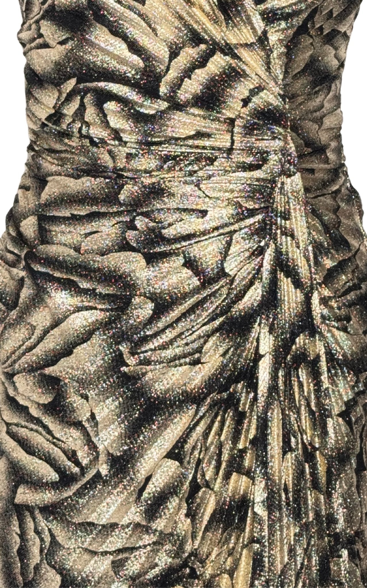 Cult Moda Black Rose Print Gold Shimmer Pleated Prom Dress - Runway Catalog