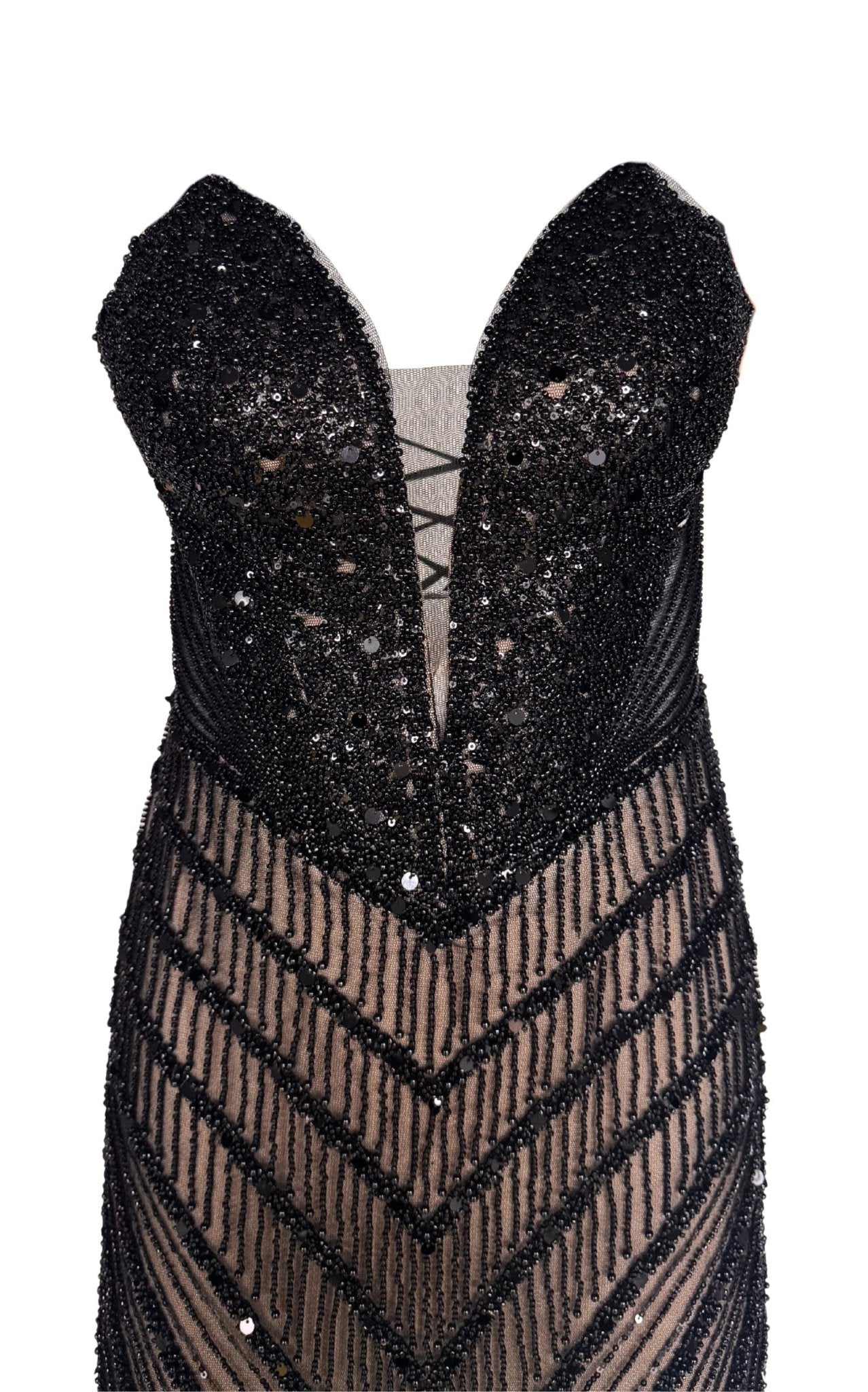 Cult Moda Black Strapless Beaded Fitted Dress Corset Bodice Maxi Formal Gown Dress - Runway Catalog