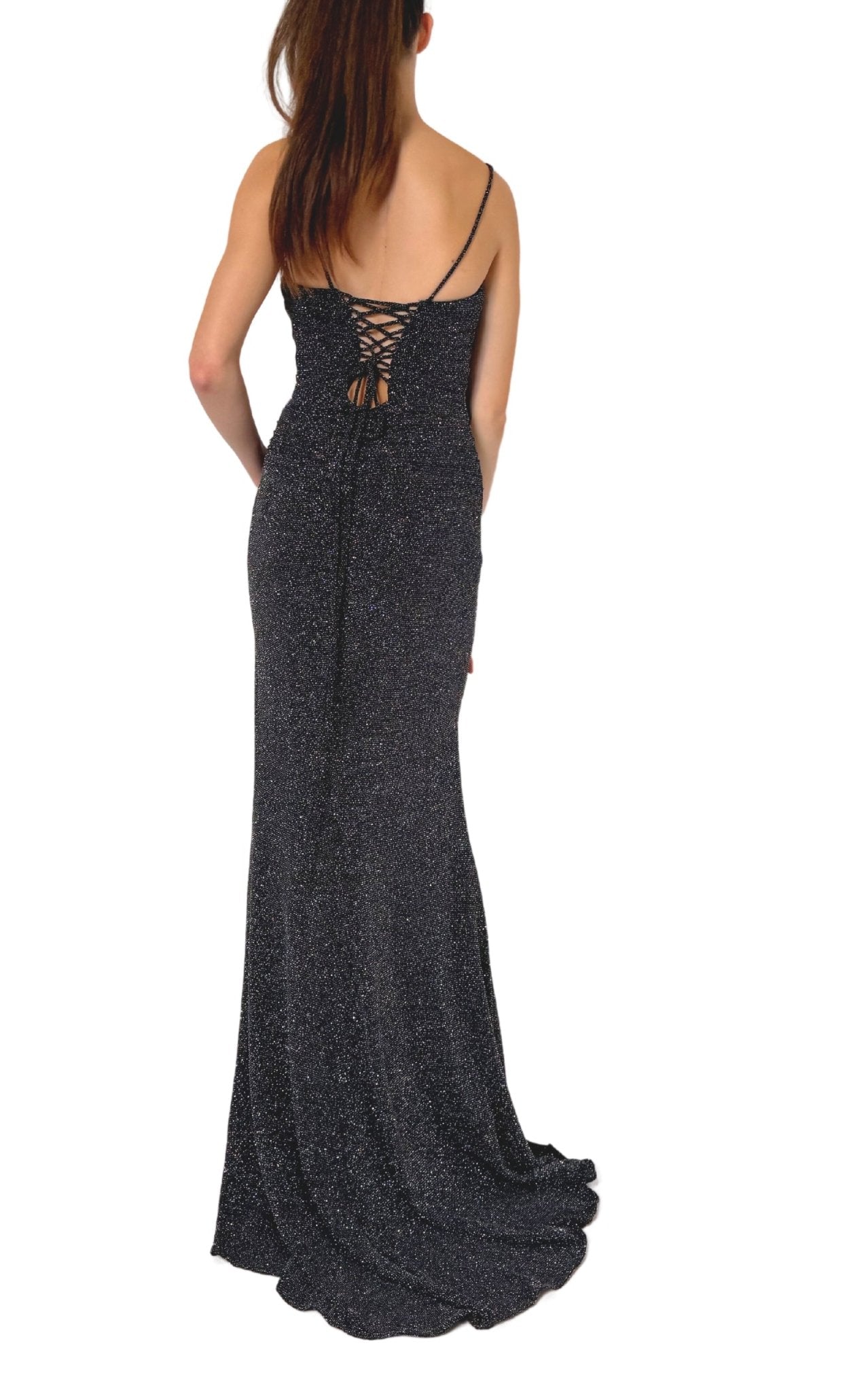 Cult Moda Criss Cross Open Back Black Shimmer Prom Dress - Runway Catalog